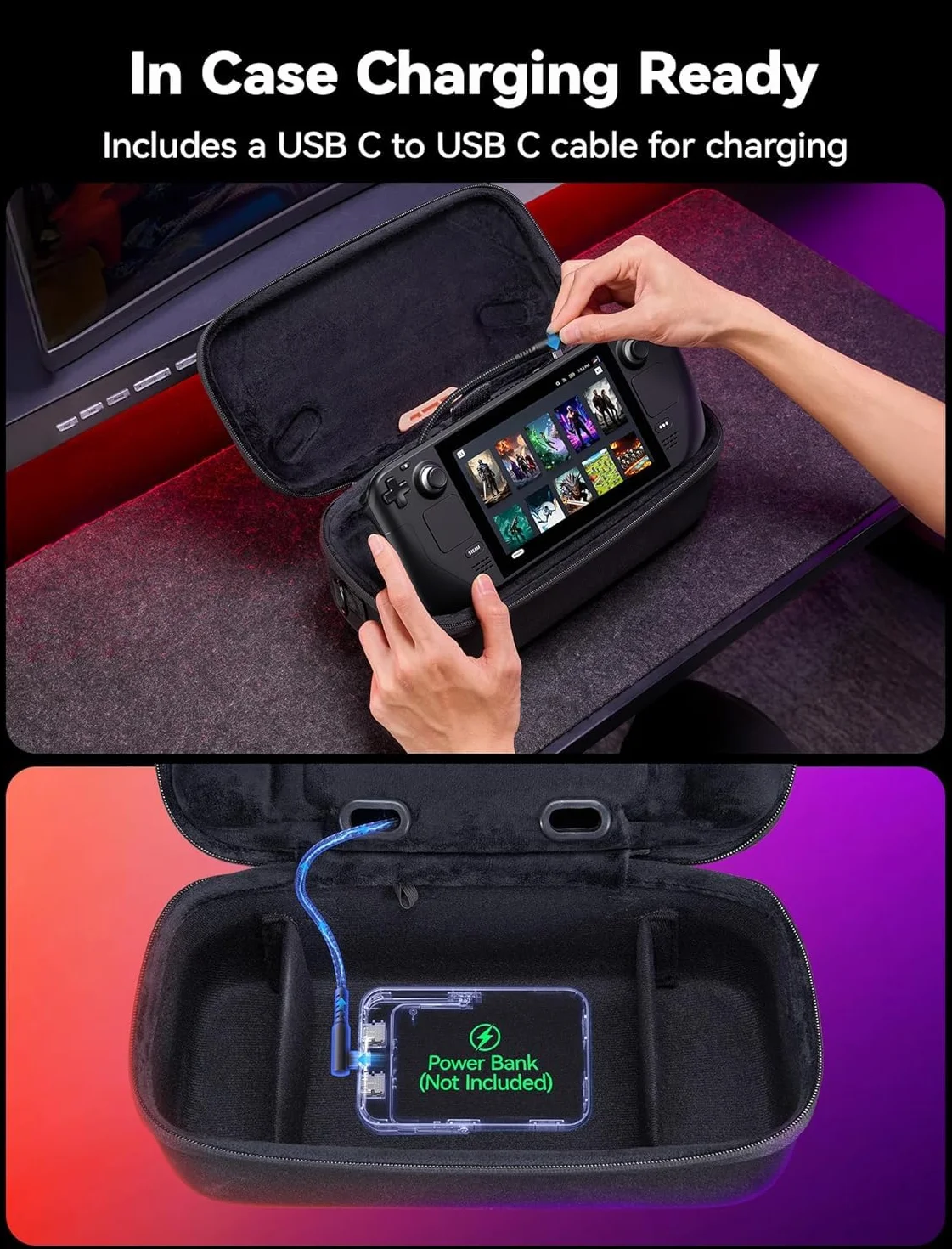 JSAUX Torba Steam Deck OLED, Dwuwarstwowa Twarda Obudowa Ochronna z Otworem na Kabel, Kątowy Kabel USB C, Duża Pojemność