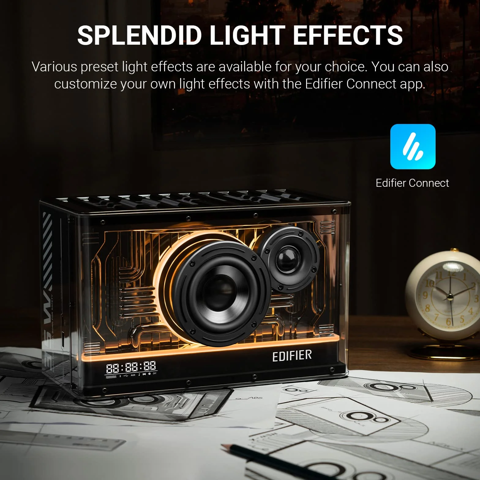 Edifier QD35 kompaktowy system głośników Bluetooth z efektami świetlnymi RGB, Bluetooth V5.3 i dwoma ultraszybkimi portami ładowania. Certyfikat Hi-Res Audio.