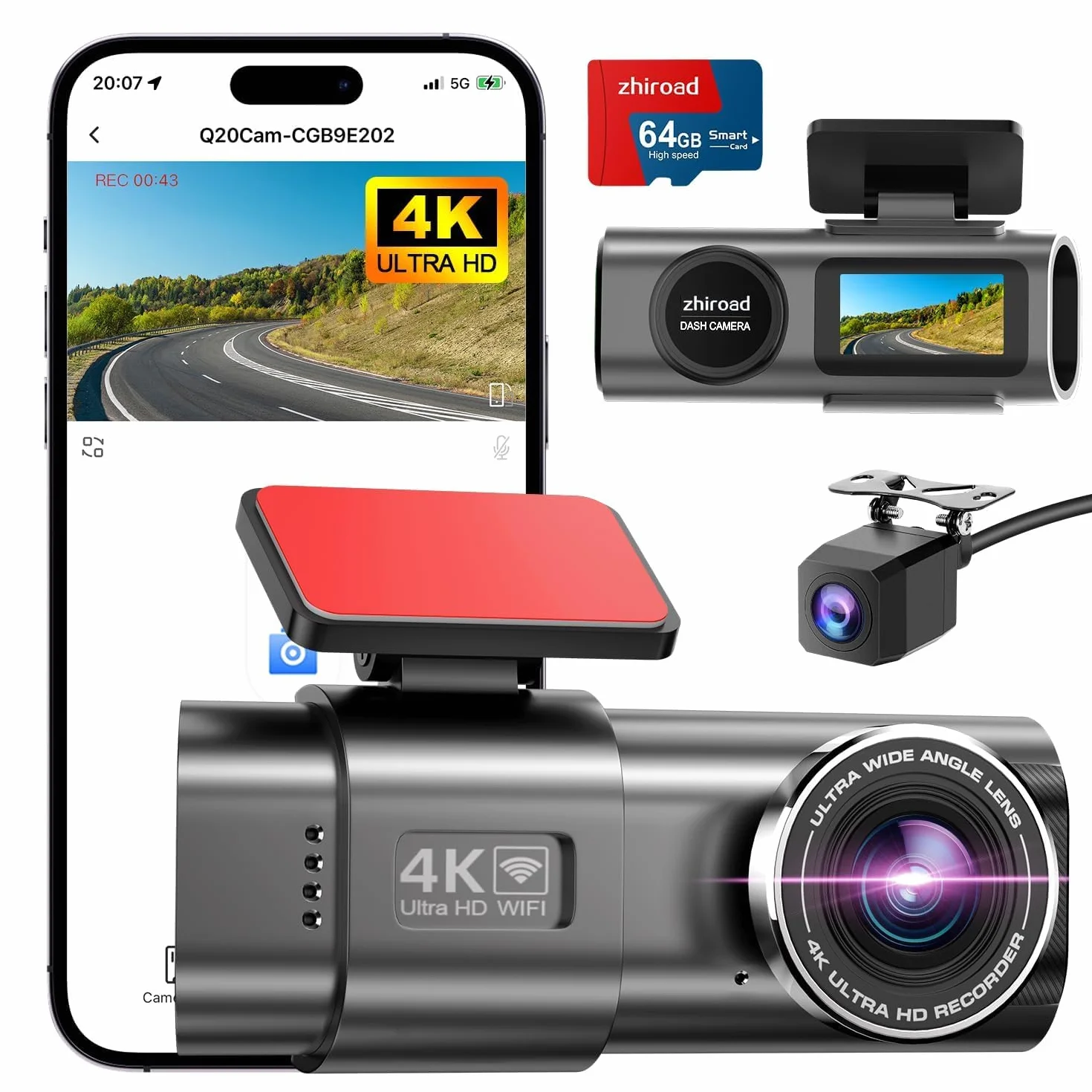 Kamera samochodowa 4K+1080P,z kamerą przód-tył do samochodu, kartą SD 64 GB, Wi-Fi, inteligentnym sterowaniem, WDR, trybem widzenia nocnego, trybem parkowania, czujnikiem G, nagrywaniem w pętli