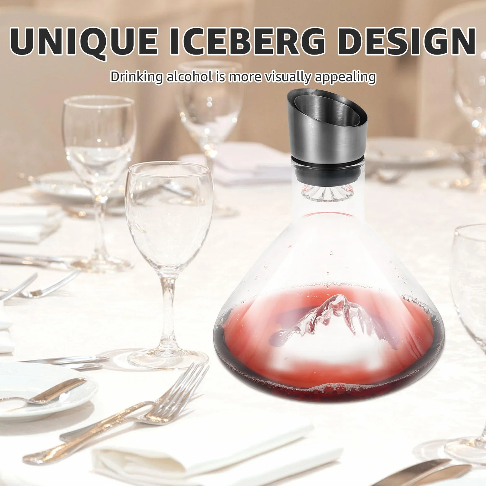 Iceberg karafka do czerwonego wina, 1500 ml, z wbudowanym napowietrzaczem, pokrywka ze stali nierdzewnej i filtr, bezołowiowe szkło kryształowe, prezenty świąteczne dla mężczyzn (zestaw 1)