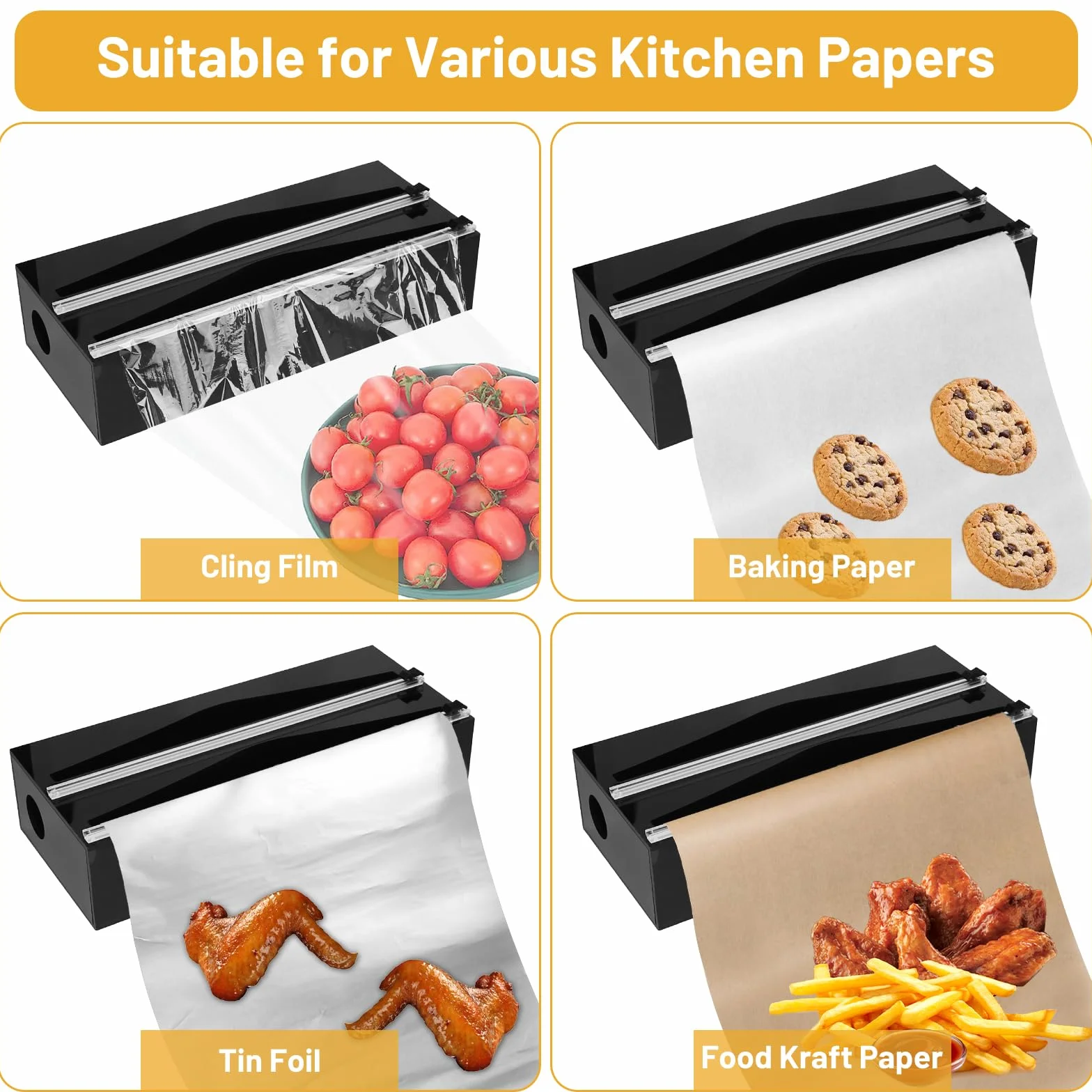 DBREAKS Akrylowy dozownik folii spożywczej, czarny dozownik folii spożywczej, aluminiowy organizer papieru, krajalnica do folii spożywczej do szuflady kuchennej