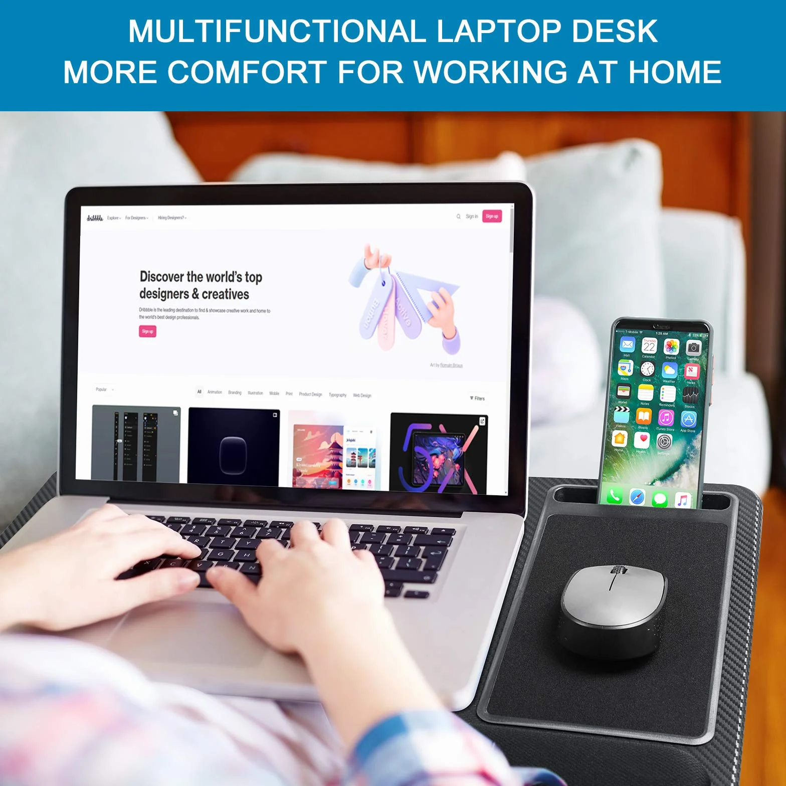 Taca na laptopa do łóżka z poduszką, zintegrowana podkładka pod mysz i podpórkę pod nadgarstek do laptopa do 17" z uchwytem na telefon komórkowy