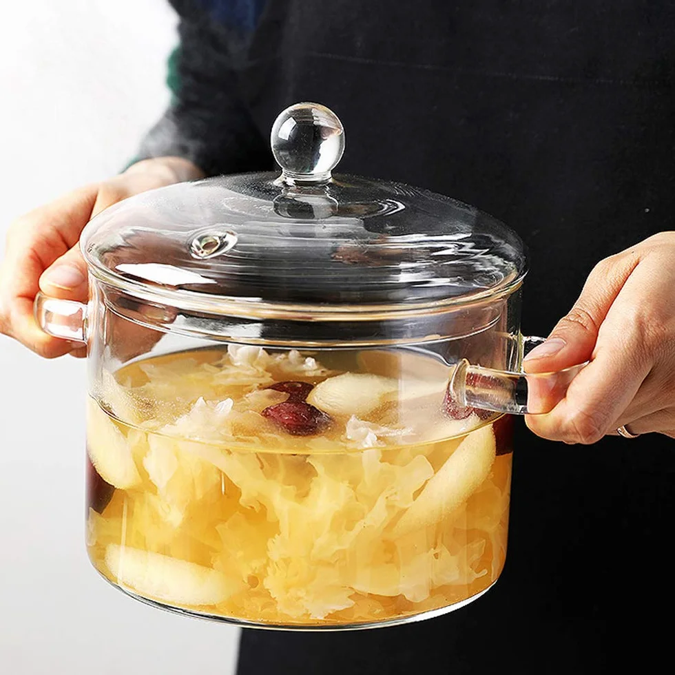 Szklany garnek do zupy indukcyjnej o pojemności 1,5 l z łatwymi do chwytania uchwytami, garnek do duszenia z przykrytą pokrywką, na warzywa i zupę (2 uchwyty)