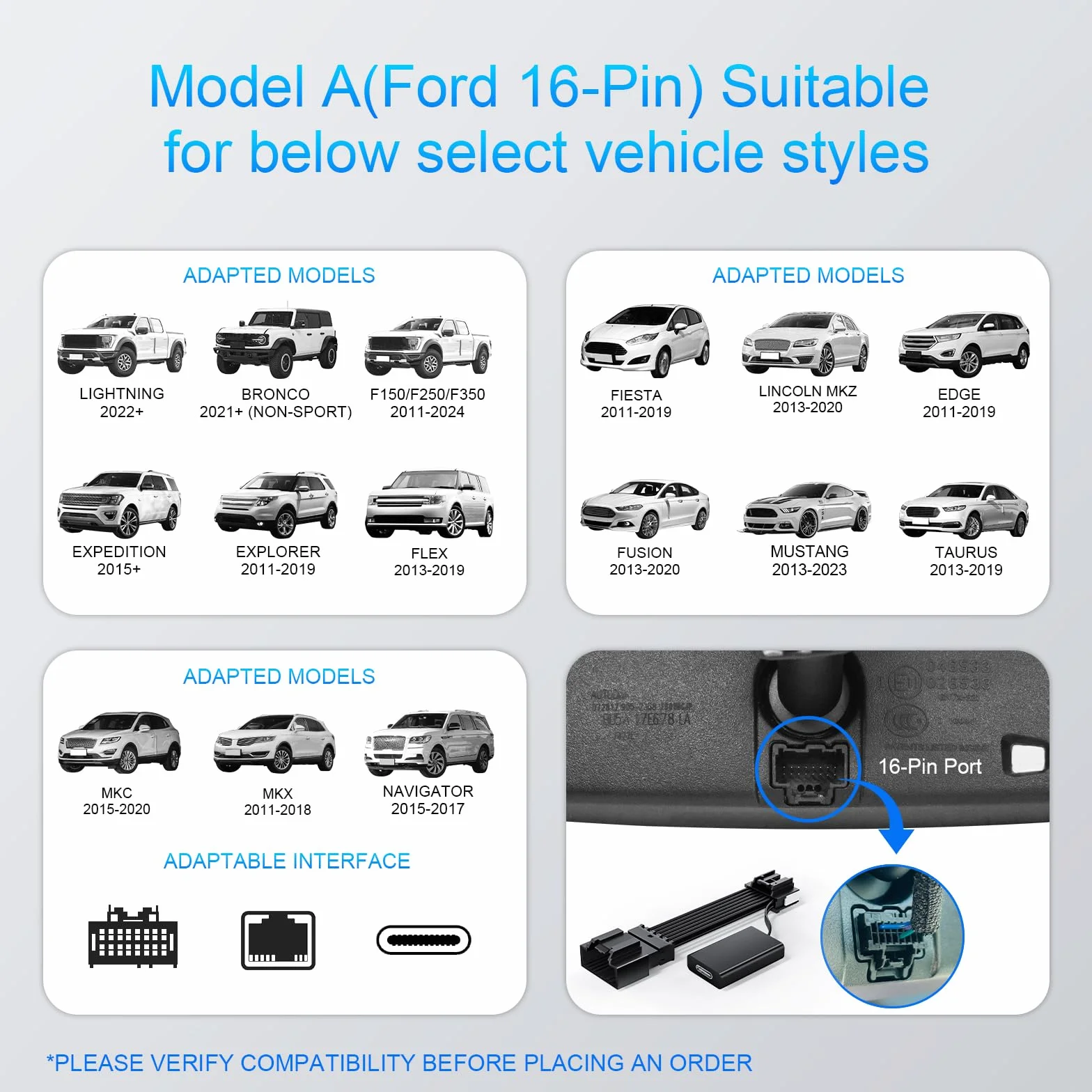 Dashcam Power Adapter Custom for Ford 16 Pin (Model A) for F150/F250/F350 Explorer Bronco and etc,Hide The Wires,GPS Radar Mirror Camera Dash Cam Adapte,Connects to Rearview Mirror(Exposed)