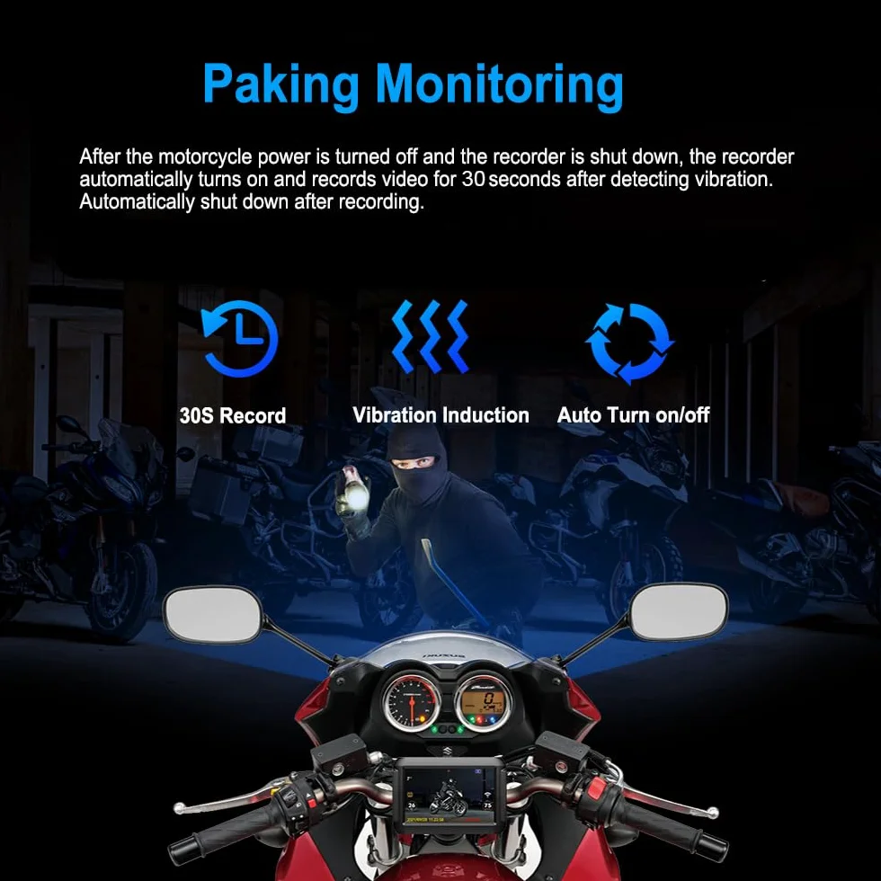 VSYSTO Rejestrator Jazdy Motocyklem Nadzór Parkowania Flameout Video Podwójna Kamera Przednia i Tylna 1080P 140 ° Szeroki kąt 3-calowy Ekran IPS WiFi GPS Pełne Ciało Wodoodporny Noktowizorz
