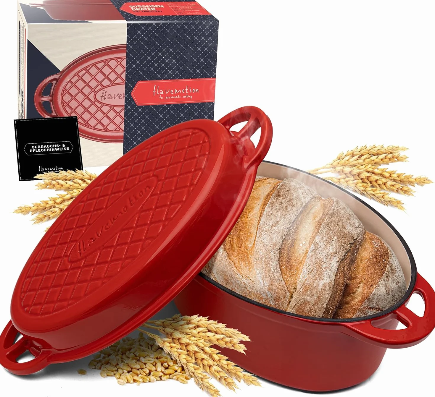 FLAVEMOTION Żeliwny garnek z pokrywką 30 cm owalny 6,5 kg emaliowany czerwony do pieczenia chleba duszenia indukcyjny