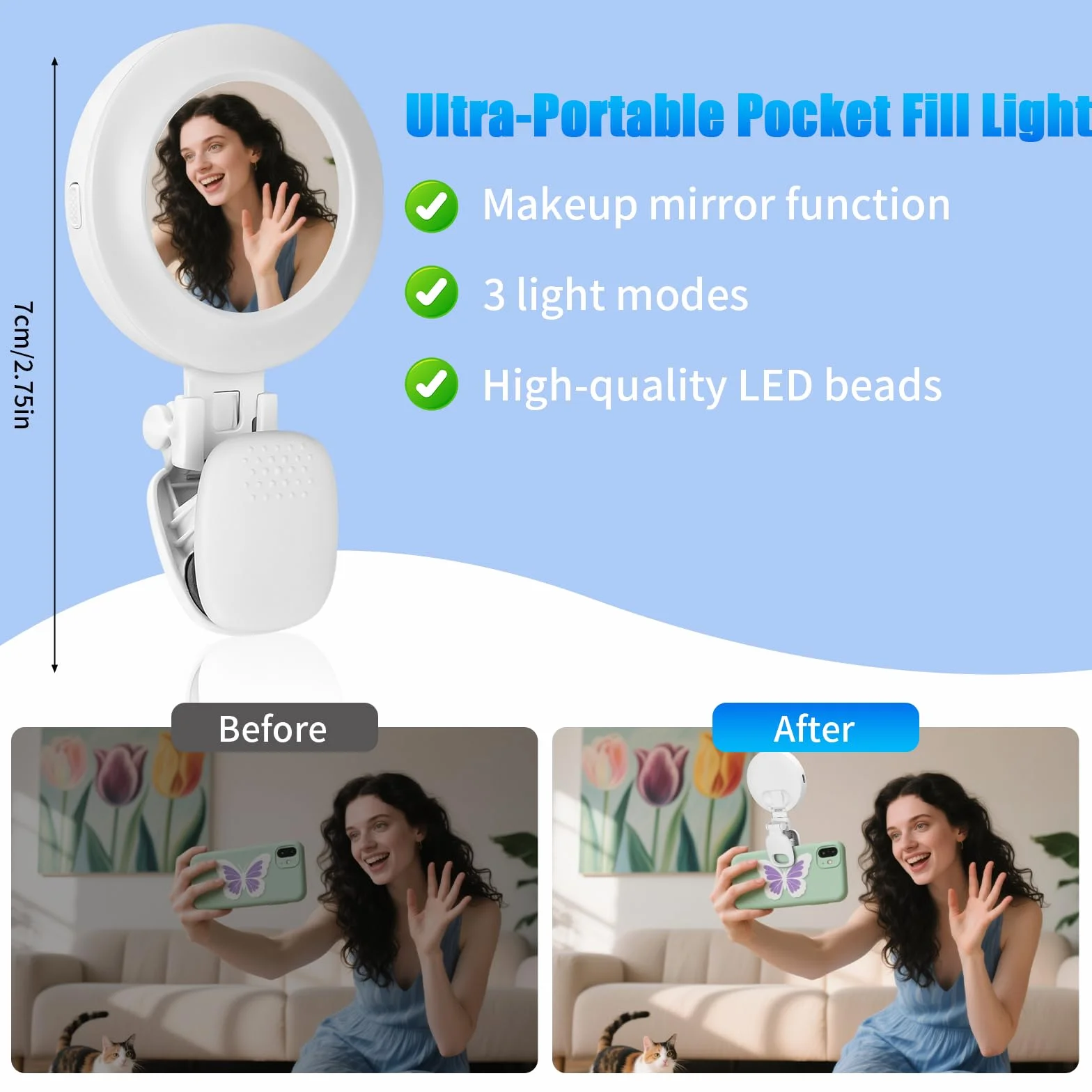 Lampa pierścieniowa na telefon komórkowy, lampa wideo z lustrem, lampa pierścieniowa, 3 ściemniane kolory i 5 poziomów jasności, obracane o 180°, światło do selfie, wideokonferencji, do vlogów Tiktok