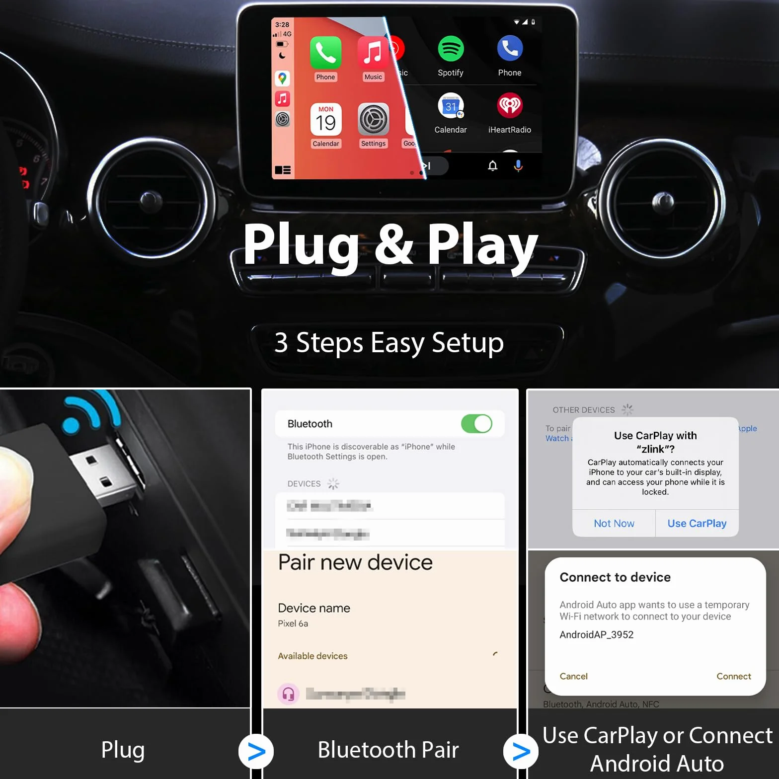 Sunweyer Bezprzewodowy Adapter CarPlay i Android Auto do Samochodów z Łącznością Przewodową | Port USB-A | Plug & Play | Automatyczne Łączenie (Super Mini S31)