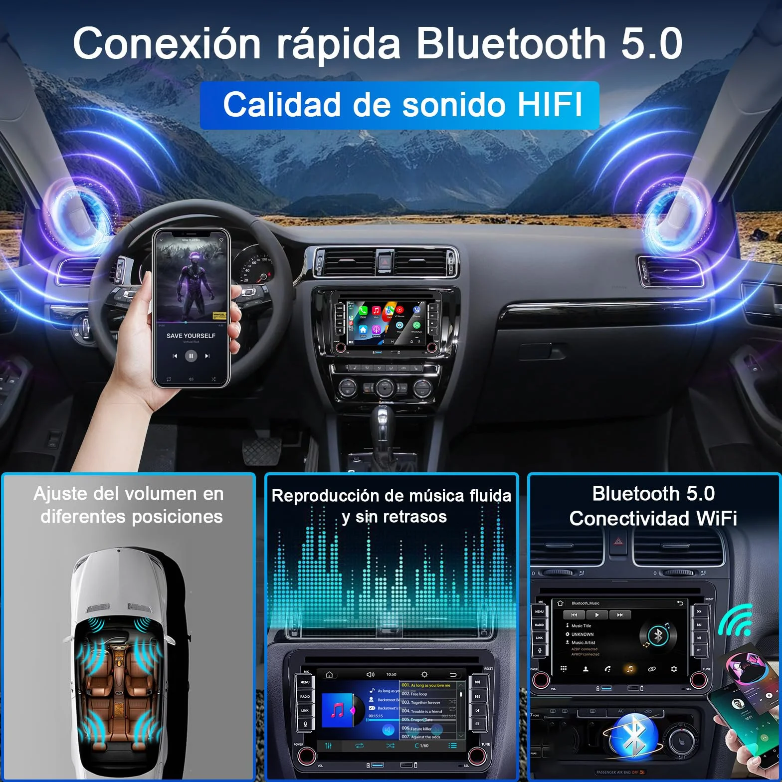 Radio samochodowe Liulbobu do VW Golf 5/6, Passat, Jetta, Caddy, Polo CC, Tiguan, EOS, Scirocco. Bezprzewodowy CarPlay i Android Auto, 7-calowy ekran dotykowy, Bluetooth, FM/AM, USB, DSP, RDS.