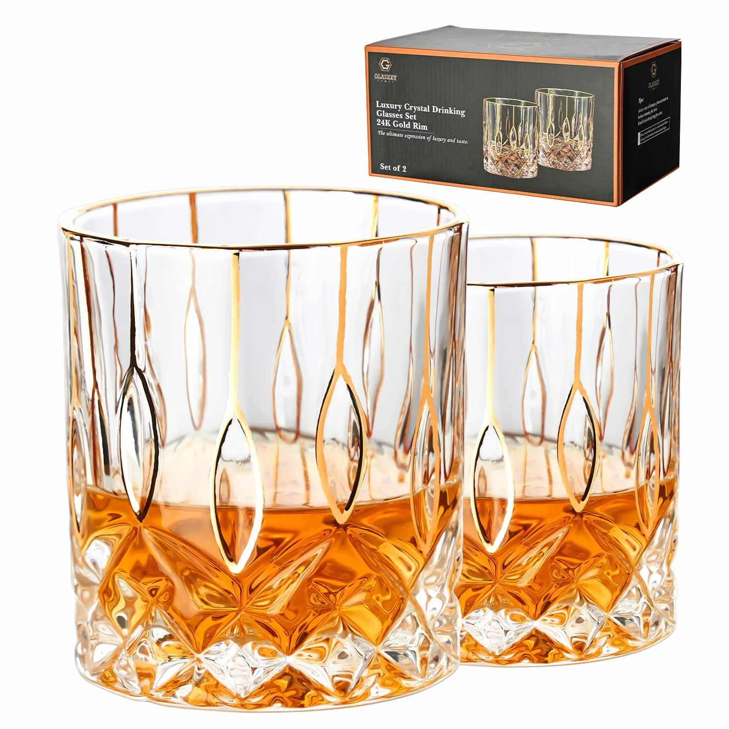 GLASKEY Zestaw 2 Szklanki do Whisky 320 ml Staromodne Kieliszki ze Złotym Rantem