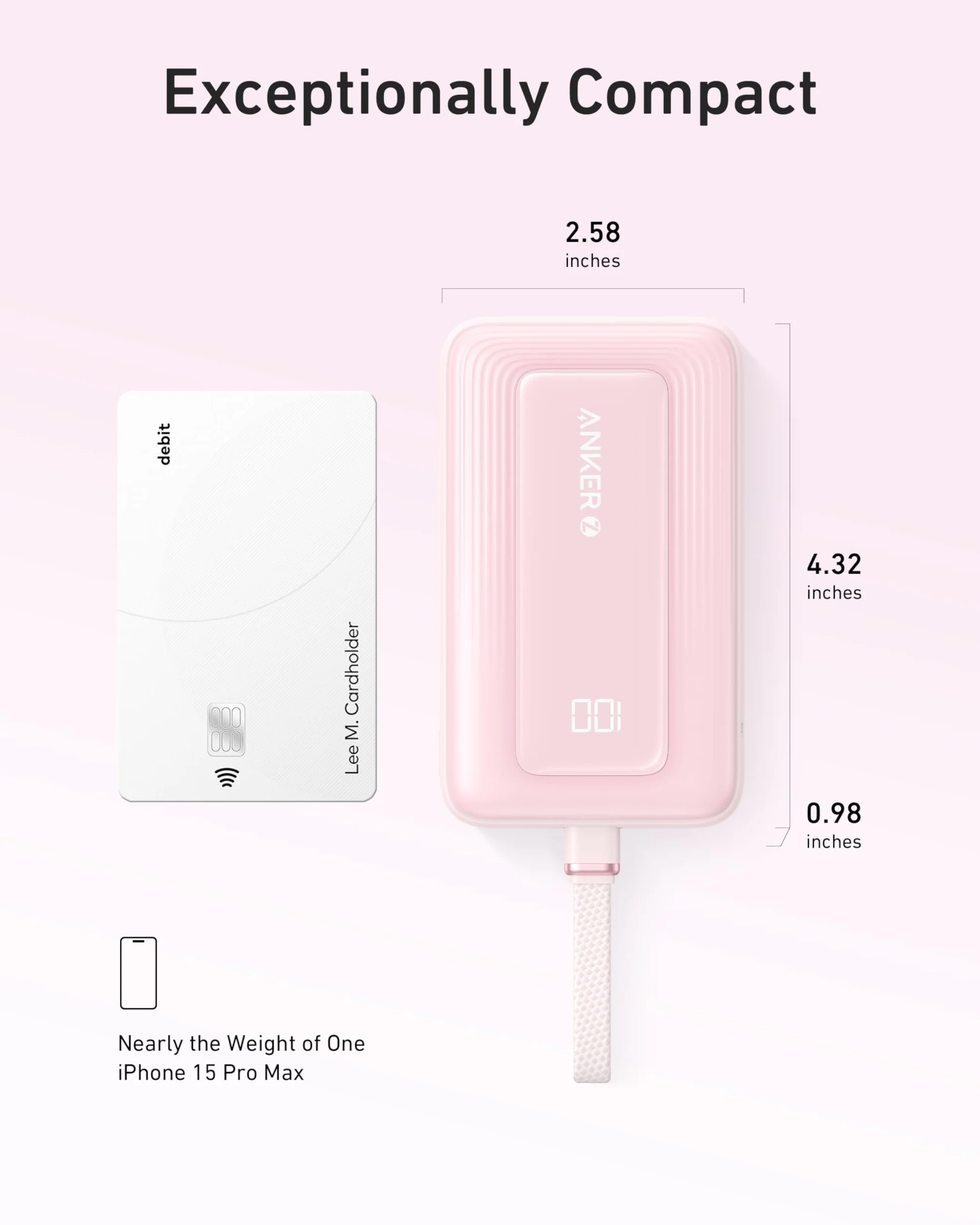 Powerbank Anker Zolo, 10 000 mAh 30 W, szybka przenośna ładowarka z wbudowanym kablem USB-C, akumulator do szybkiego ładowania dla serii iPhone 16, Galaxy, iPad i innych (różowy)