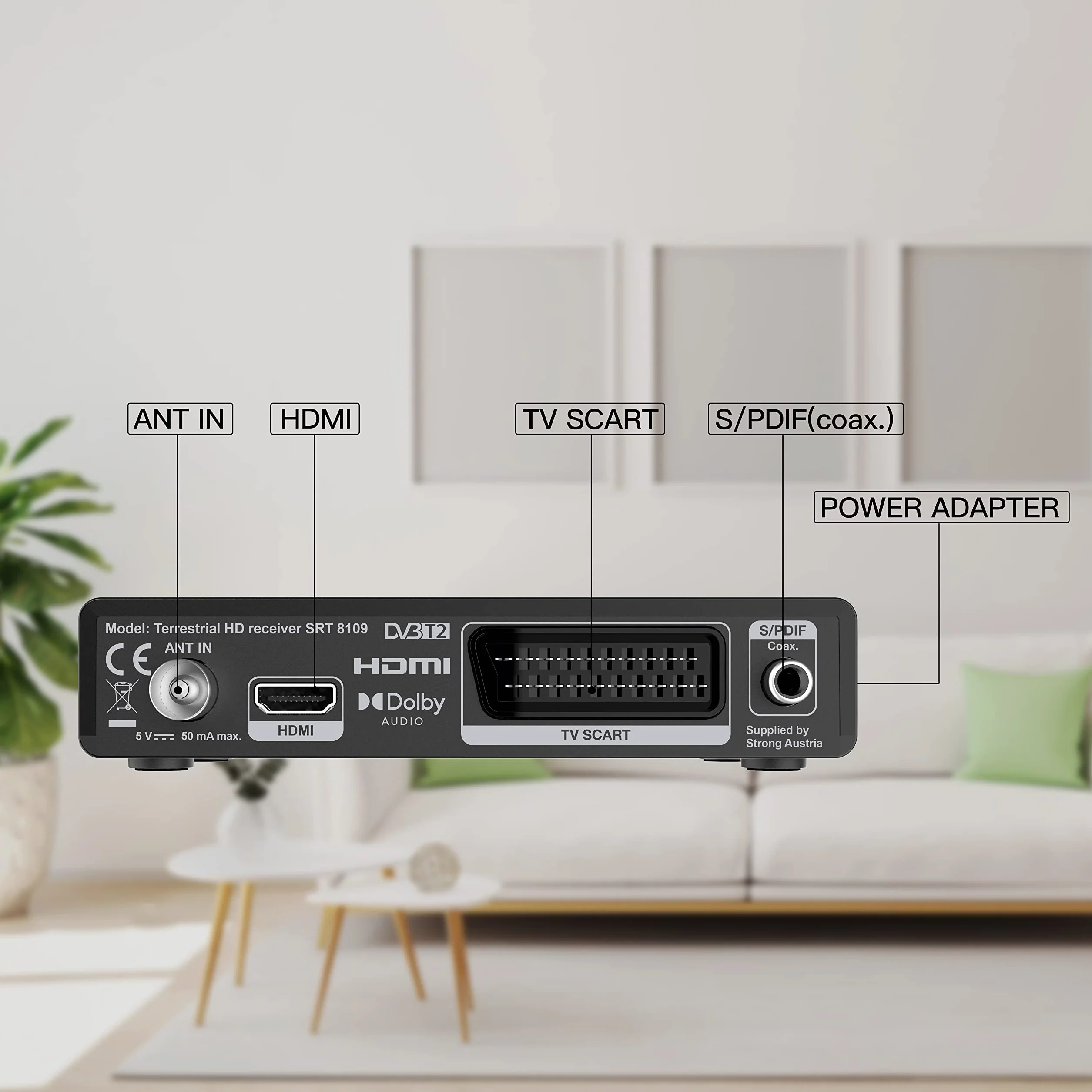 STRONG - Dekoder TNT Full HD - SRT8109 - Funkcja rejestratora - Zgodność z normami HEVC265 & Dolby Digital Plus - Port HDMI, SCART, USB - Elektroniczny przewodnik po programach - Czarny