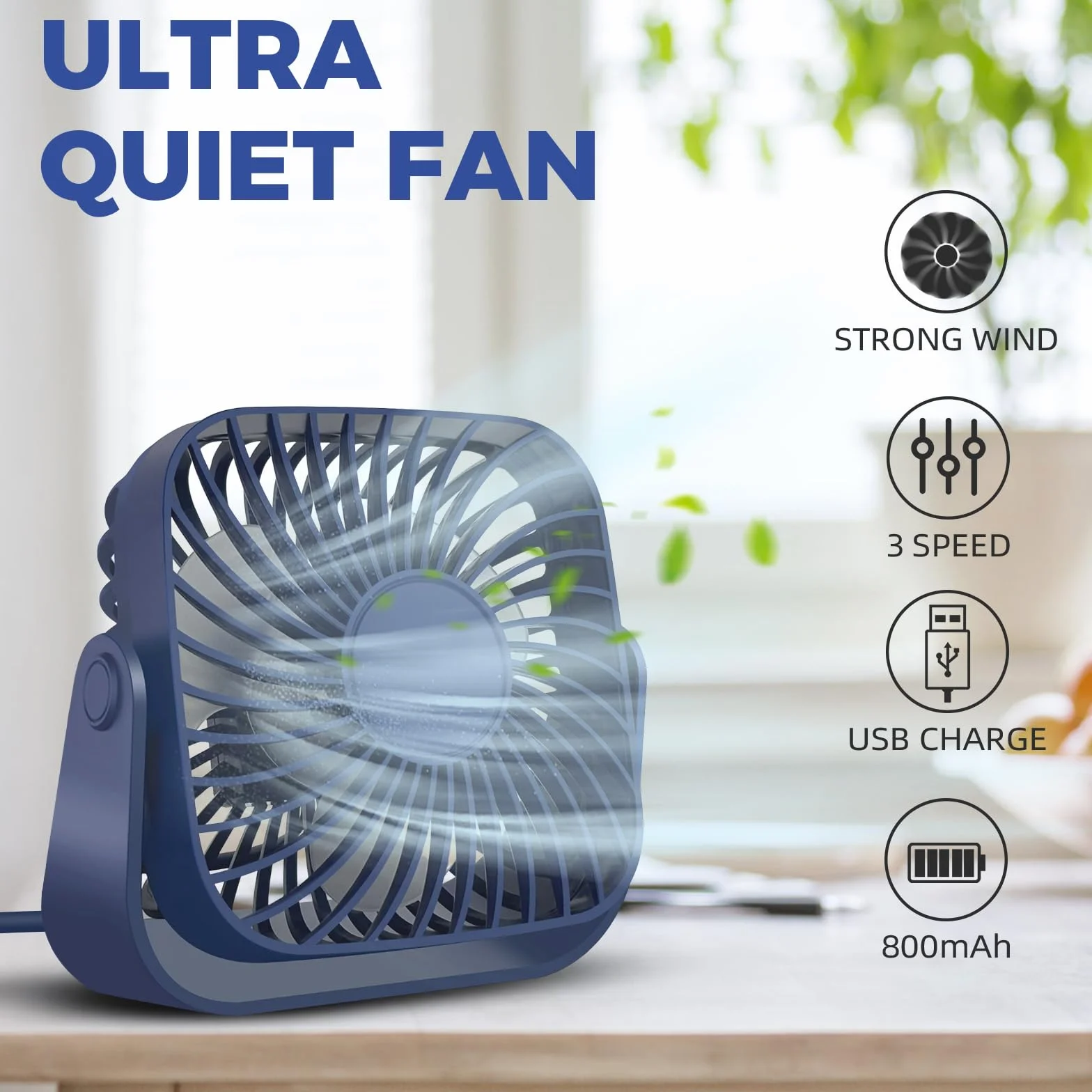 Jsdoin Wentylator USB, wentylator biurkowy, mały wentylator biurkowy, mini wentylator osobisty, 3 prędkości, wentylator biurkowy, regulacja obrotu o 360°, silny wiatr, mały, mocny wentylator do biura,