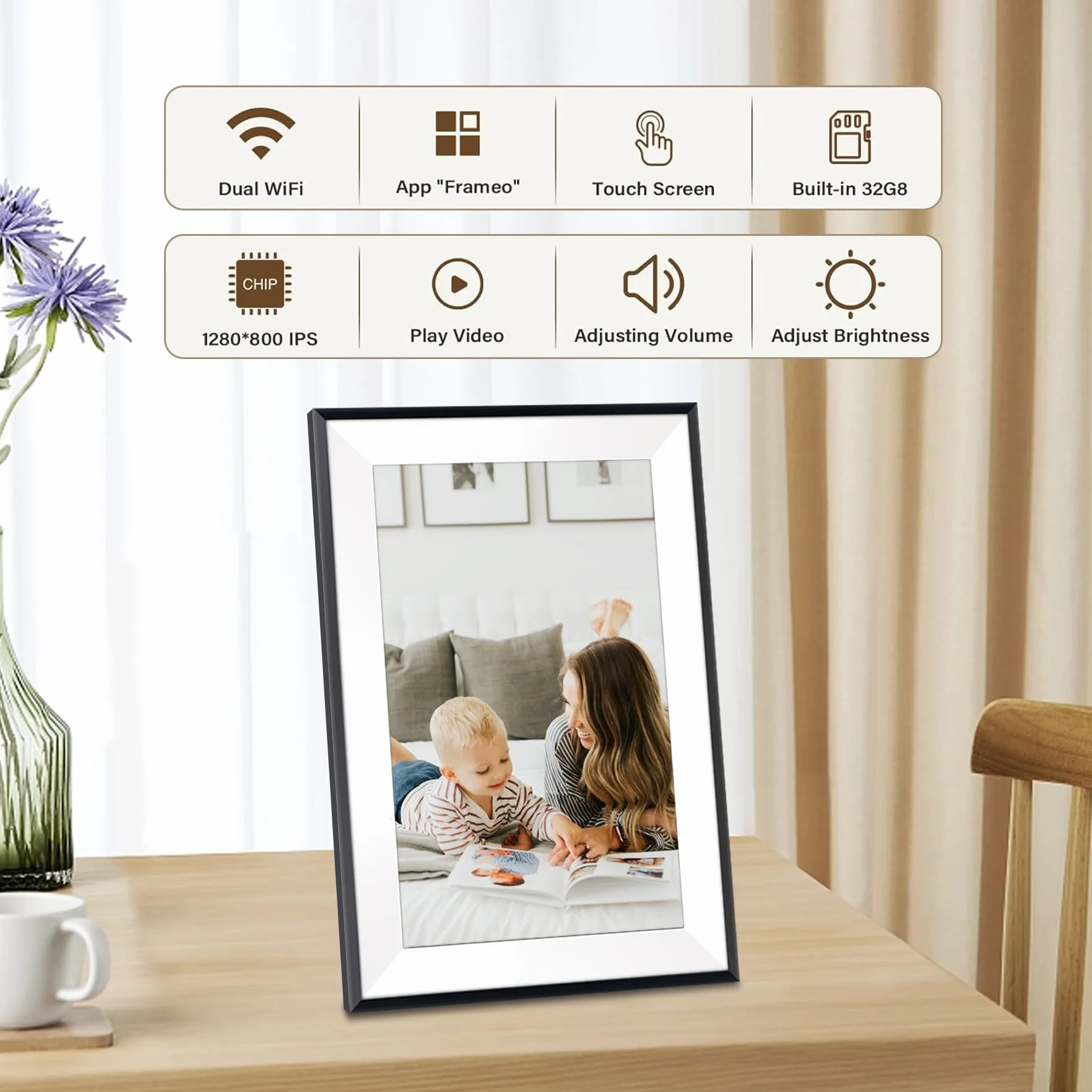 Hesmor Frameo Cyfrowa ramka na zdjęcia WiFi, 10,1-calowa cyfrowa ramka na zdjęcia 1280 x 800 IPS ekran dotykowy automatycznie obracana elektroniczna ramka na zdjęcia udostępnianie zdjęć wideo w