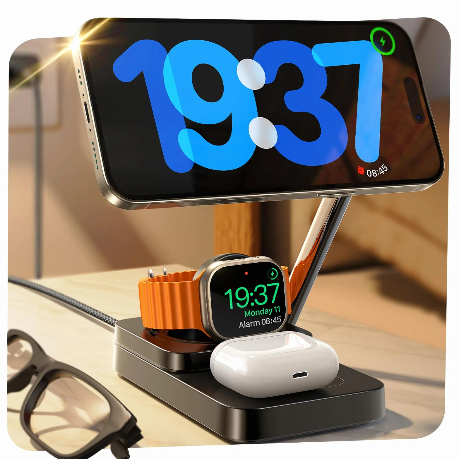 LISEN Stacja ładująca 3 w 1, stacja ładująca Magsafe z wieloma urządzeniami, bezprzewodowa ładowarka, wygodne dopasowanie do Apple Watch Airpods