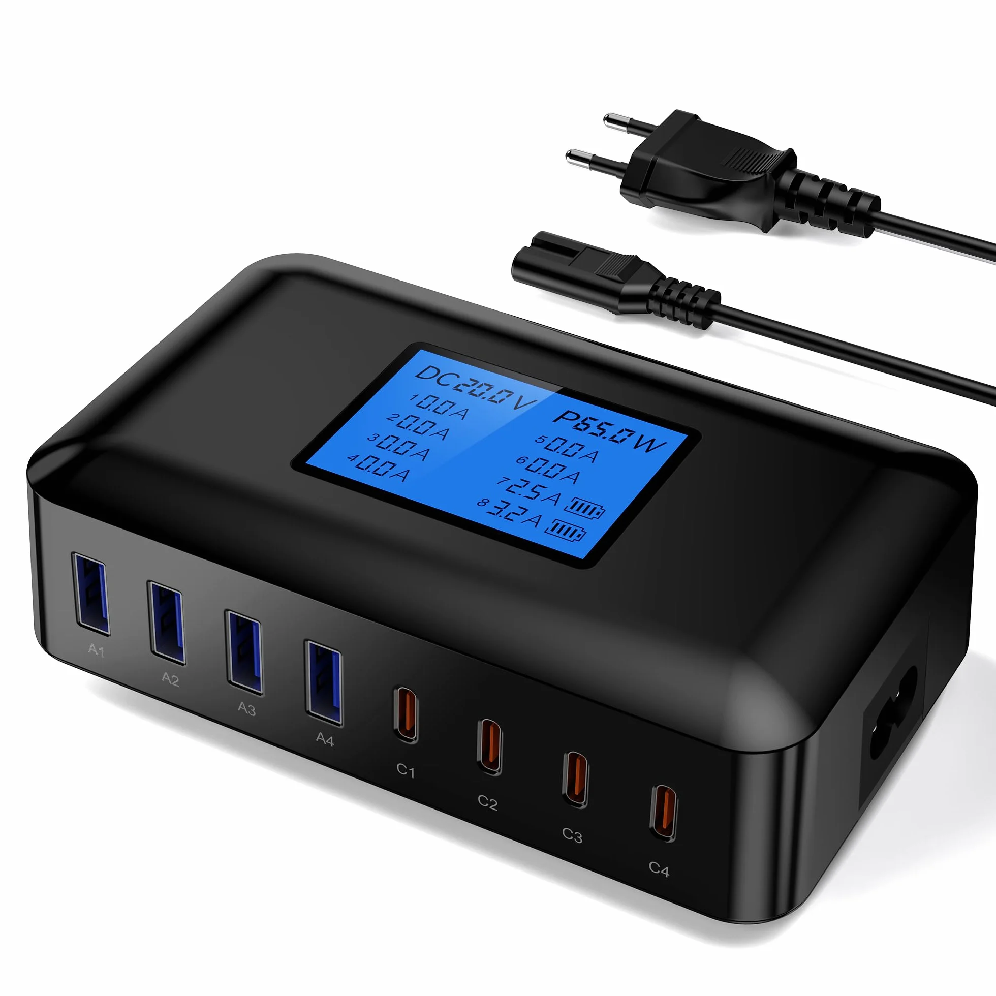 200 W Ładowarka USB C Multiple RENGOGA 8-portowa ładowarka USB z wyświetlaczem LED GaN Stacja ładująca Zasilacz do Macbooka iPhone 15 14 iPad Pro Air Samsung Galaxy Google Pixel - czarny