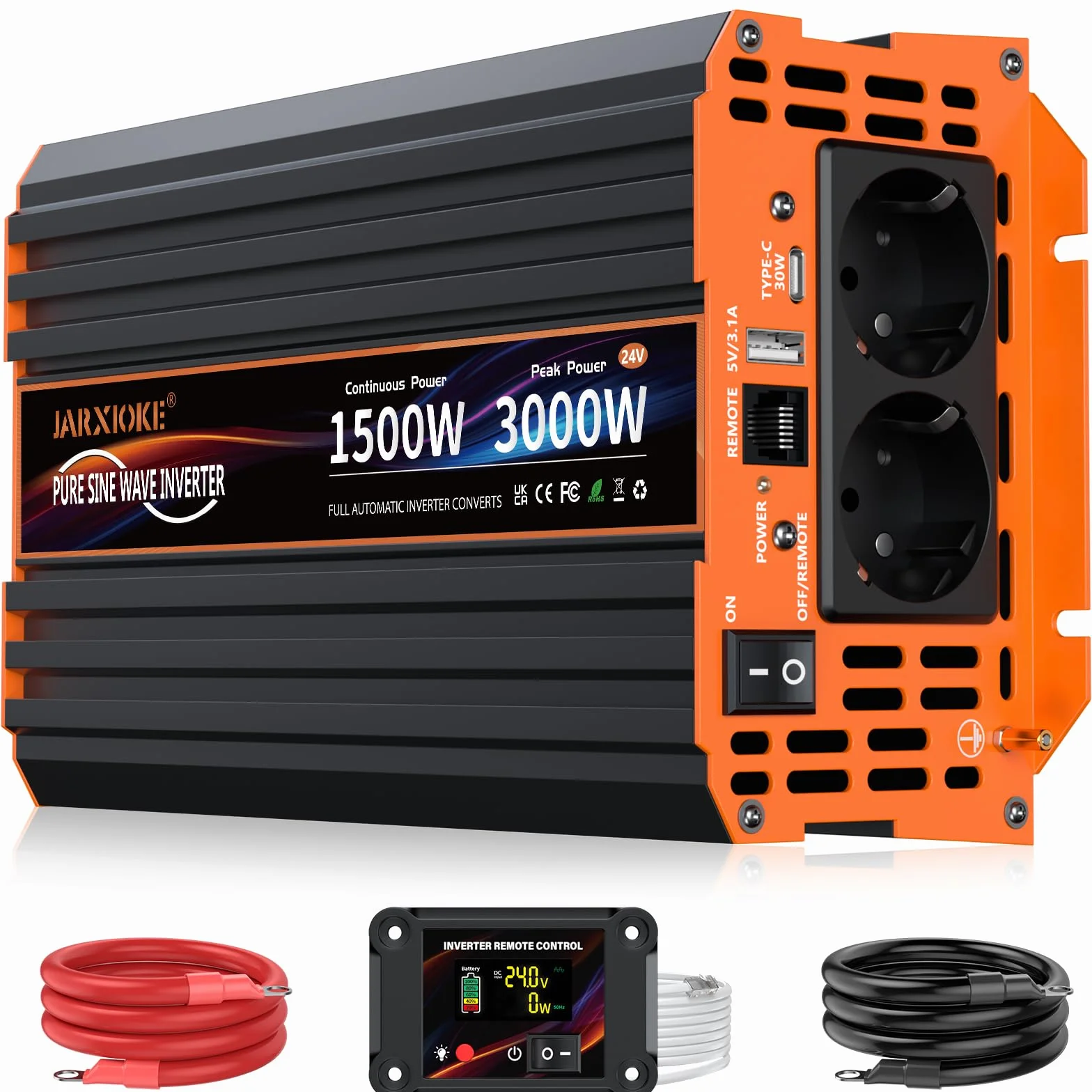 Przetwornica napięcia 24 V na 230 V, 1500 W, Reiner Sinus, inwerter z LCD pilotem, portami USB, portem Type-C, 2 gniazdami AC do zastosowań solarnych, pojazdów, kampera, awarii prądu, podróży