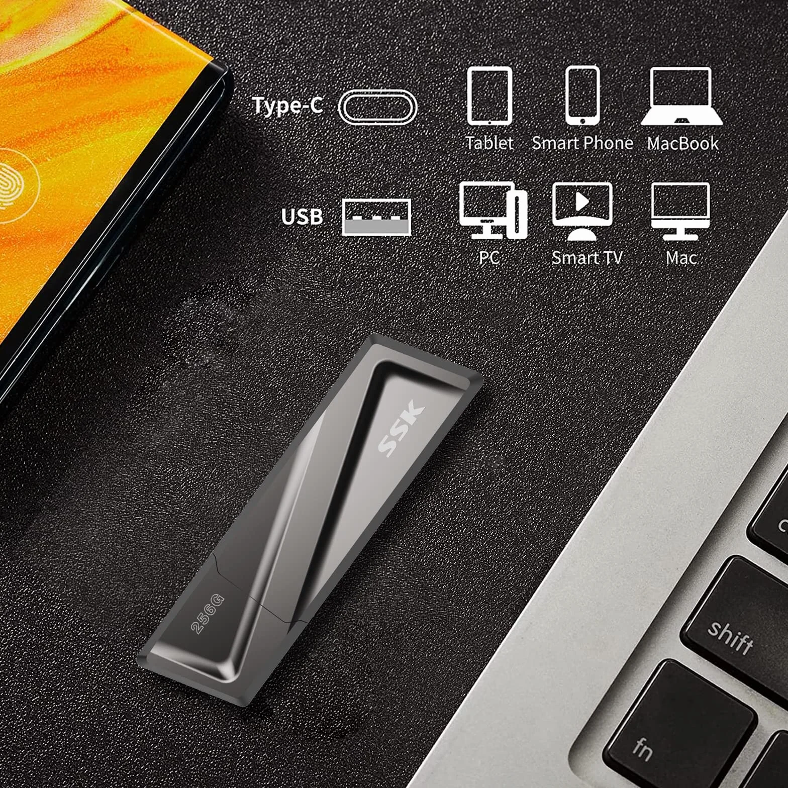 SSK Dysk flash USB SSD 256 GB, szybkość do 550 MB/s, USB 3.2 Gen 2, pendrive + adapter USB C do telefonu z systemem Android, laptopa, tabletów i innych urządzeń