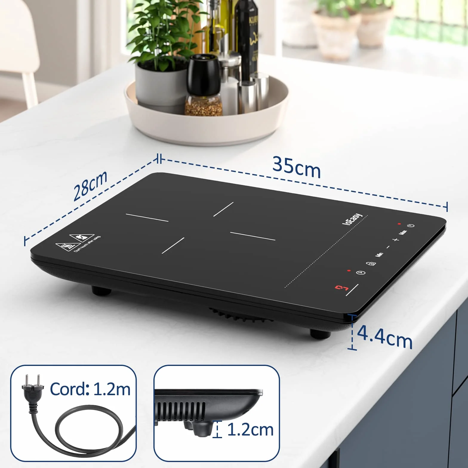 IsEasy pojedyncza płyta kuchenna indukcyjna 2100 W, płyta grzewcza 28 cm, przenośna z zabezpieczeniem przed dziećmi, 9 stopni ogrzewania, 8-godzinny timer, funkcja max/min, czarna