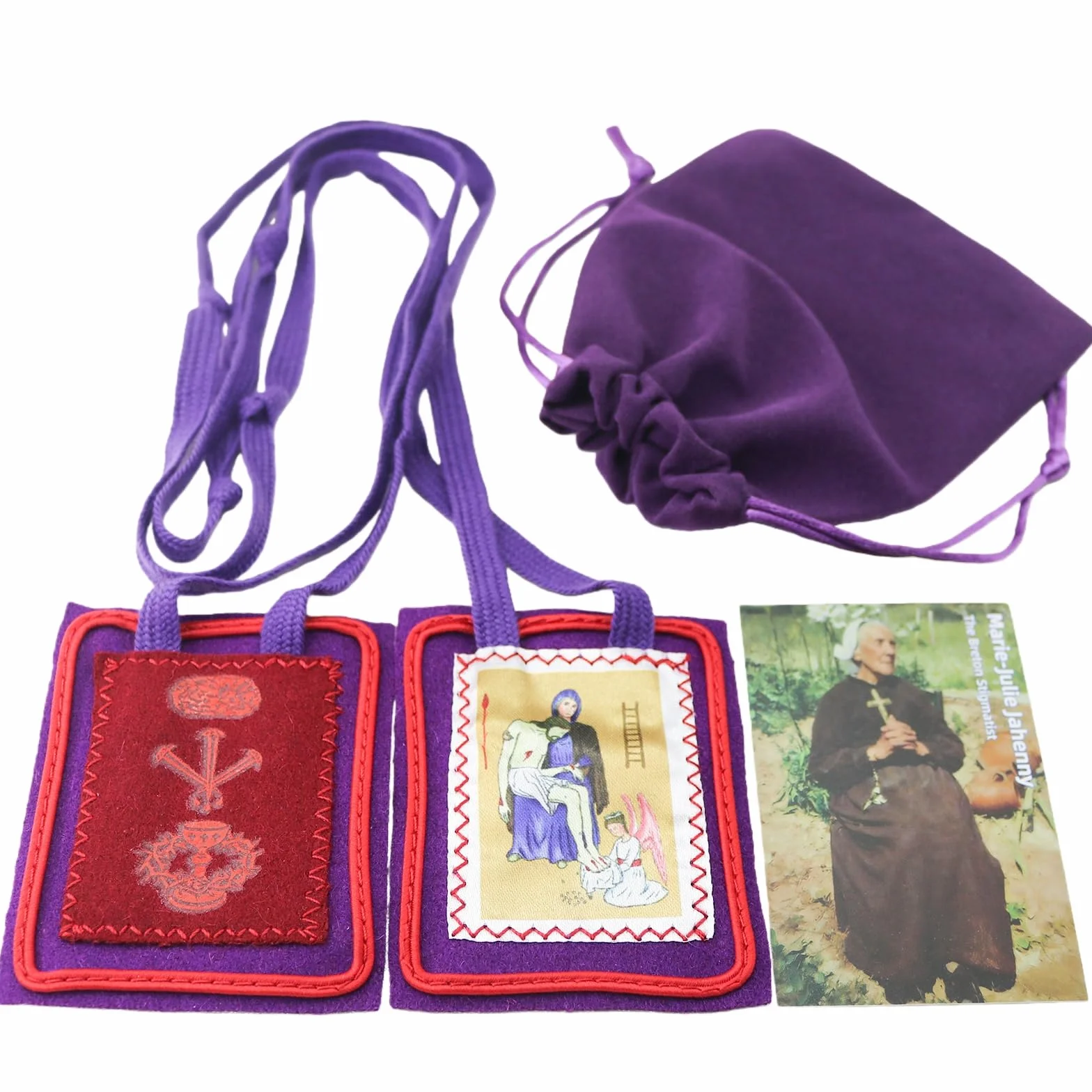 MERCILIA MEISHILAI 7,6 x 6,3 cm fioletowa szkaplerz - Escapulario Morado de Bendición y Protección wełniana szkaplerz na czasy końcowe - zawiera fioletową aksamitną torebkę i kartę modlitewną