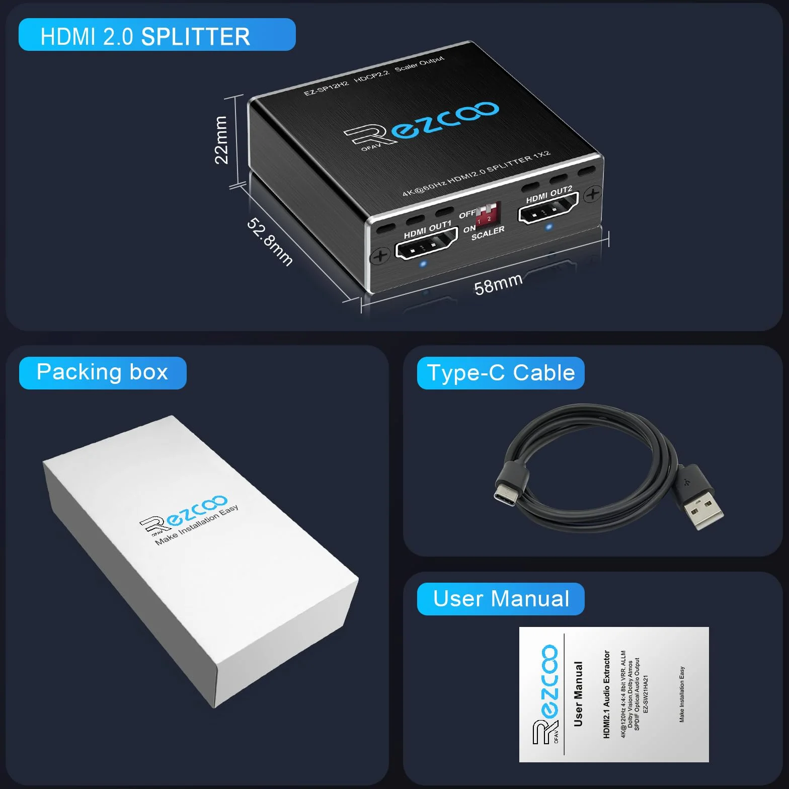 Rozdzielacz HDMI 1 in 2 Out 4K 60Hz HDMI Splitter 1080P 120Hz 4:4 HDR D-olby Vision D-olby Atmos Scaler 4K 1080P, oprogramowanie sprzętowe HDCP2.2, przełącznik Scaler EDID, USB Power