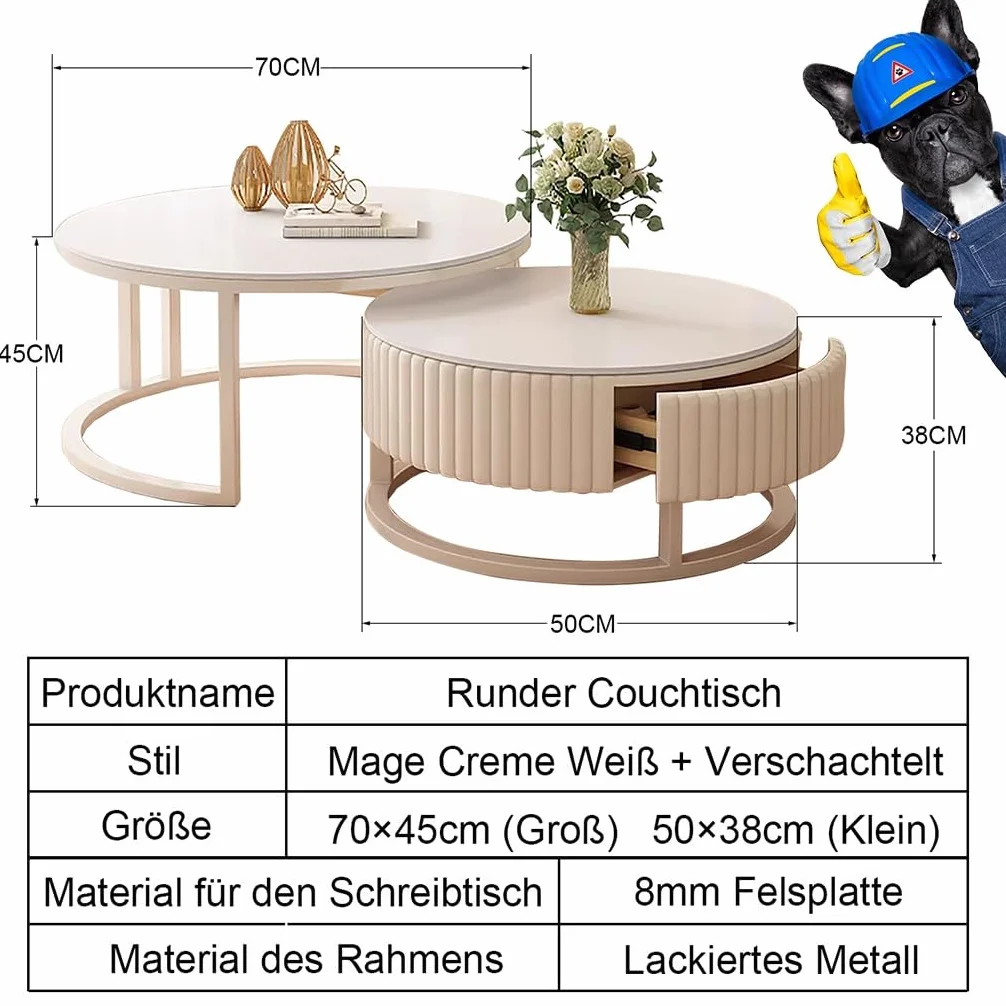 Okrągły Stolik Kawowy Biały Zestaw 2 Stolików 70 cm + 50 cm