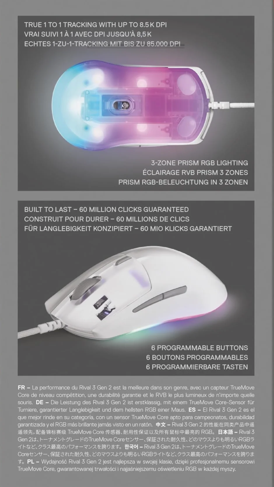 SteelSeries mysz do gier Rival 3 Gen 2 – Sensor optyczny TrueMove Core 8500 DPI – Wytrzymałość do 60 milionów kliknięć – Niskie opóźnienie kliknięć –Niska waga 77 g – Ślizgacze 100% PTFE – RGB -Biała