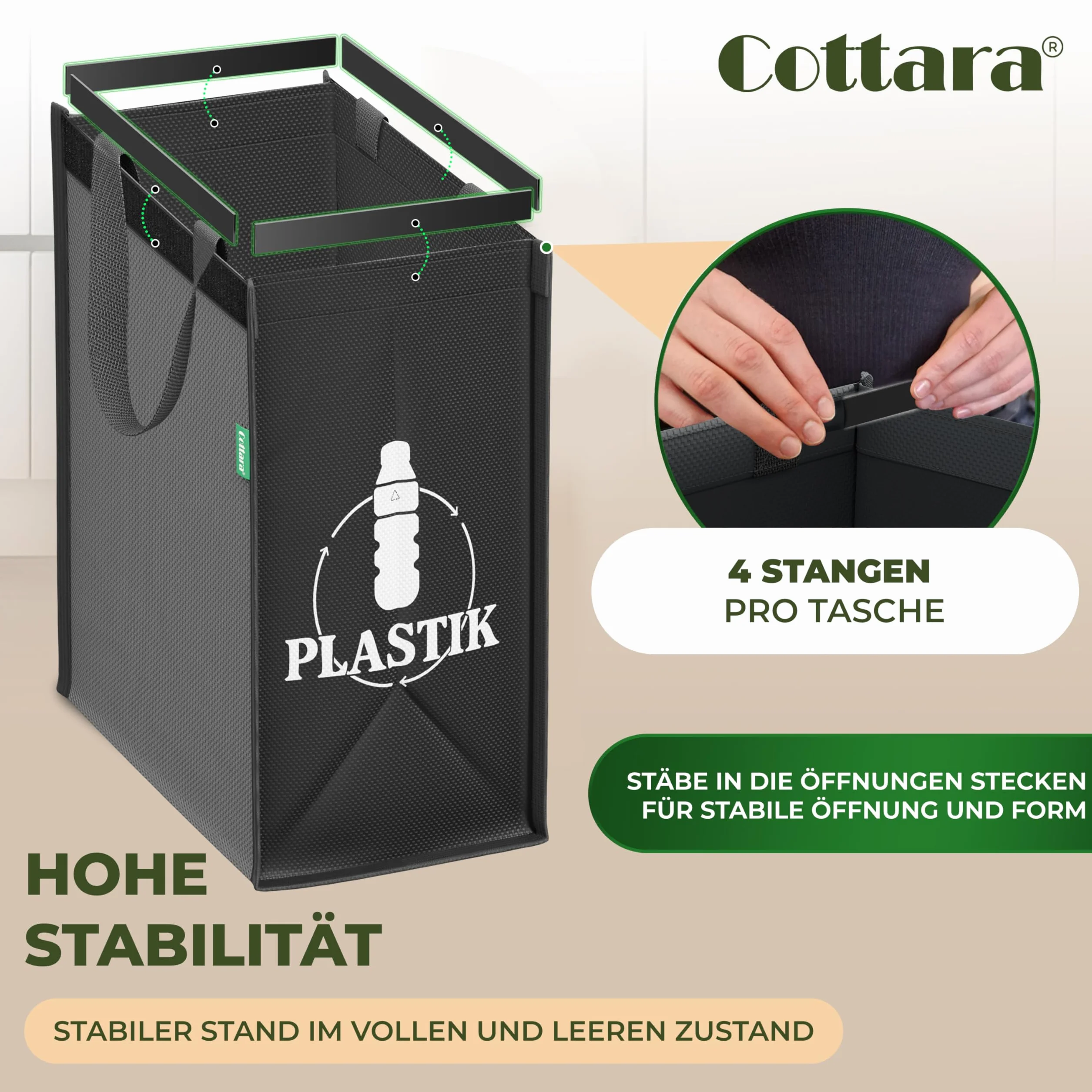 COTTARA 3-krotny system segregacji śmieci plastik szkło papier stabilna podstawa