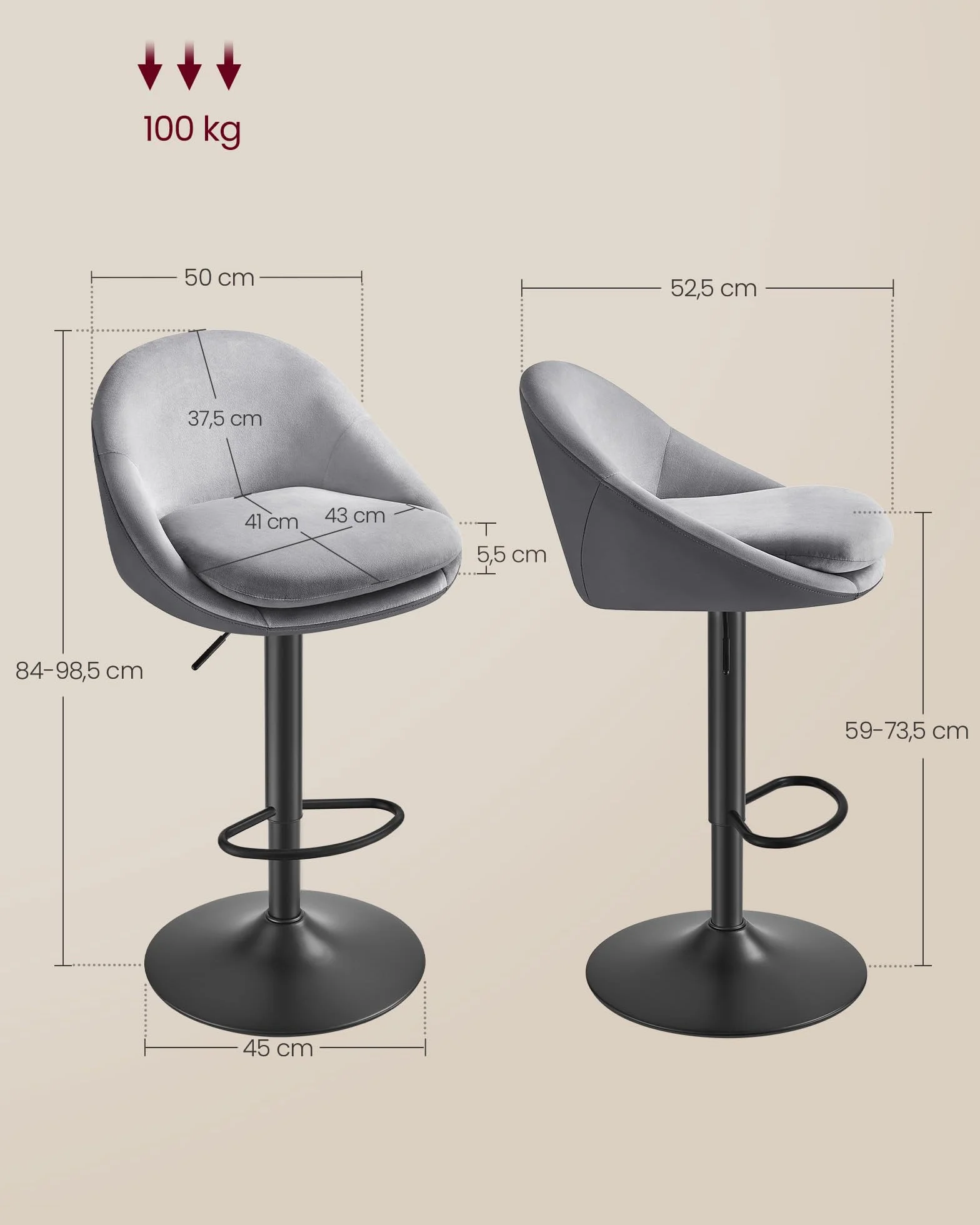 VASAGLE Zestaw 2 stołków barowych obracanych 360° z regulacją wysokości Stal Dove Grey Ink Black