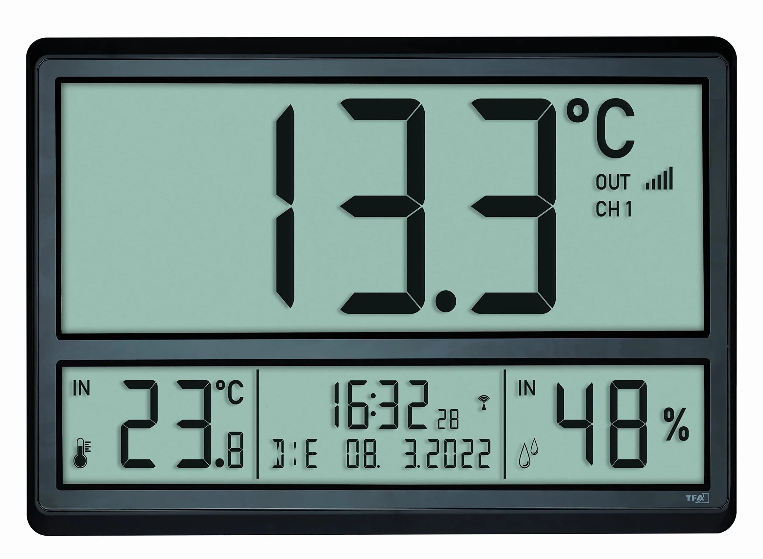 TFA Dostmann Cyfrowy zegar ścienny XL 60.4523.01 z temperaturą zewnętrzną i klimatem pomieszczenia, zegar radiowy, wyświetlacz 24 h, czarny