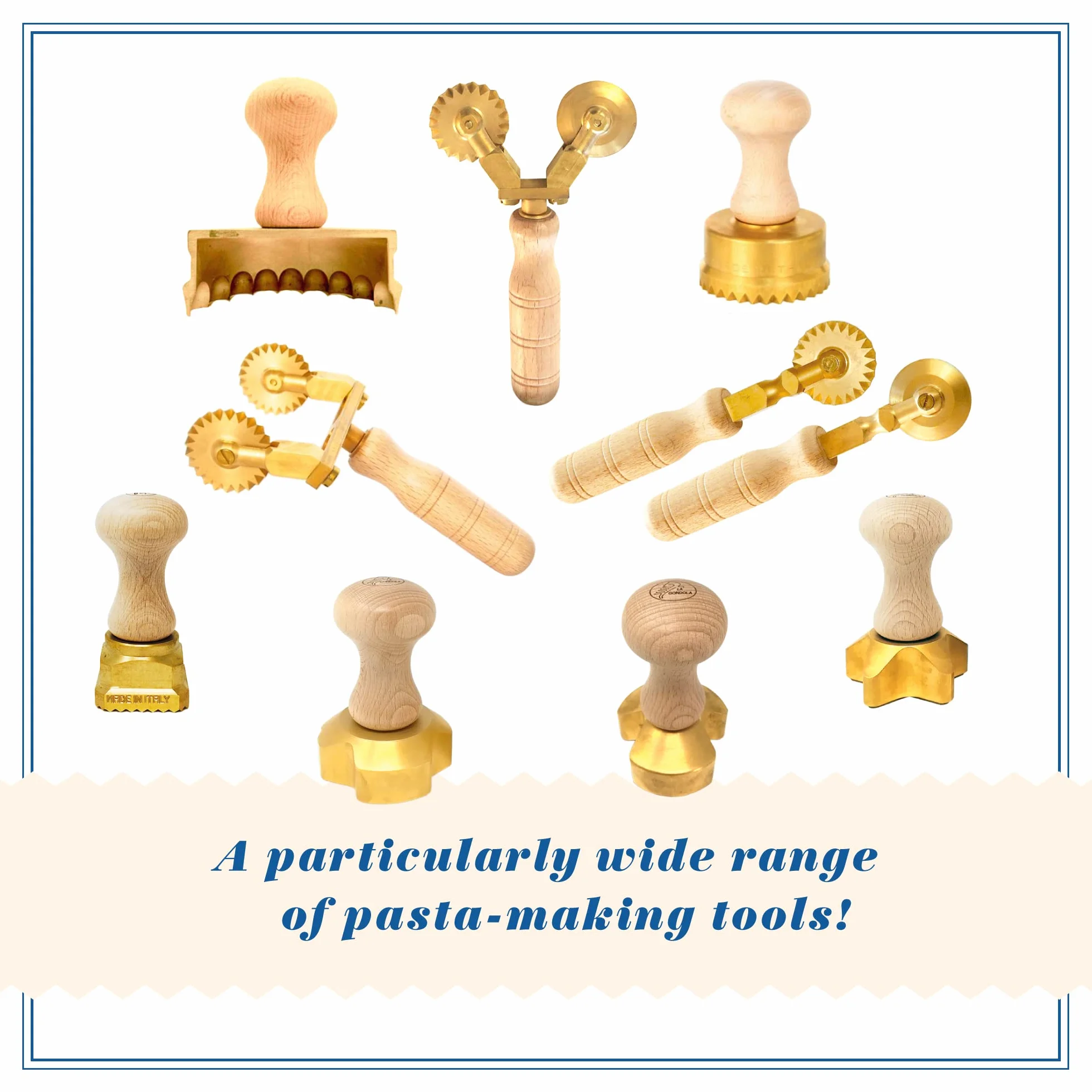 LaGondola Roulette à pâtes professionnelle pour raviolis, manche en bois naturel intemporel et tête en laiton durable (lot de 1 roue navettée et 1 roue lisse)