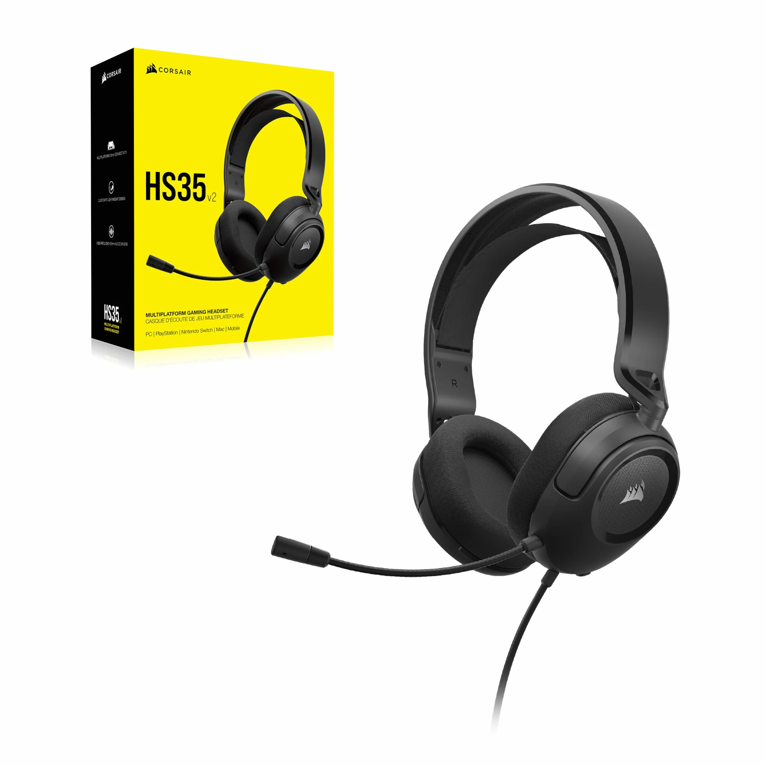 CORSAIR HS35 v2 Multiplatform Przewodowy Gamingowy Zestaw Słuchawkowy – Elastyczny Mikrofon Wszechkierunkowy – Uniwersalne Złącze 3,5 mm – PC, Mac, PS5, PS4, Xbox, Nintendo Switch, Mobilny – Carbon