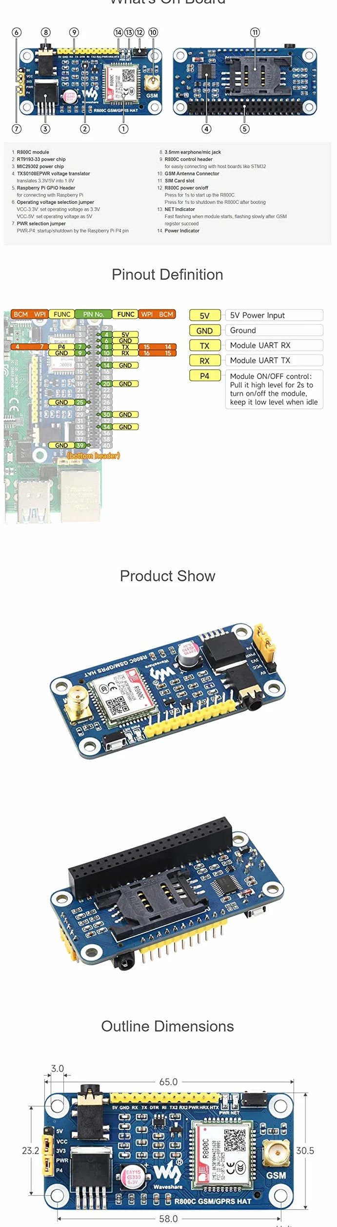 R800C GSM/GPRS HAT for Raspberry Pi Series & Jetson Nano, Support 2G Communication, Phone Call & SMS