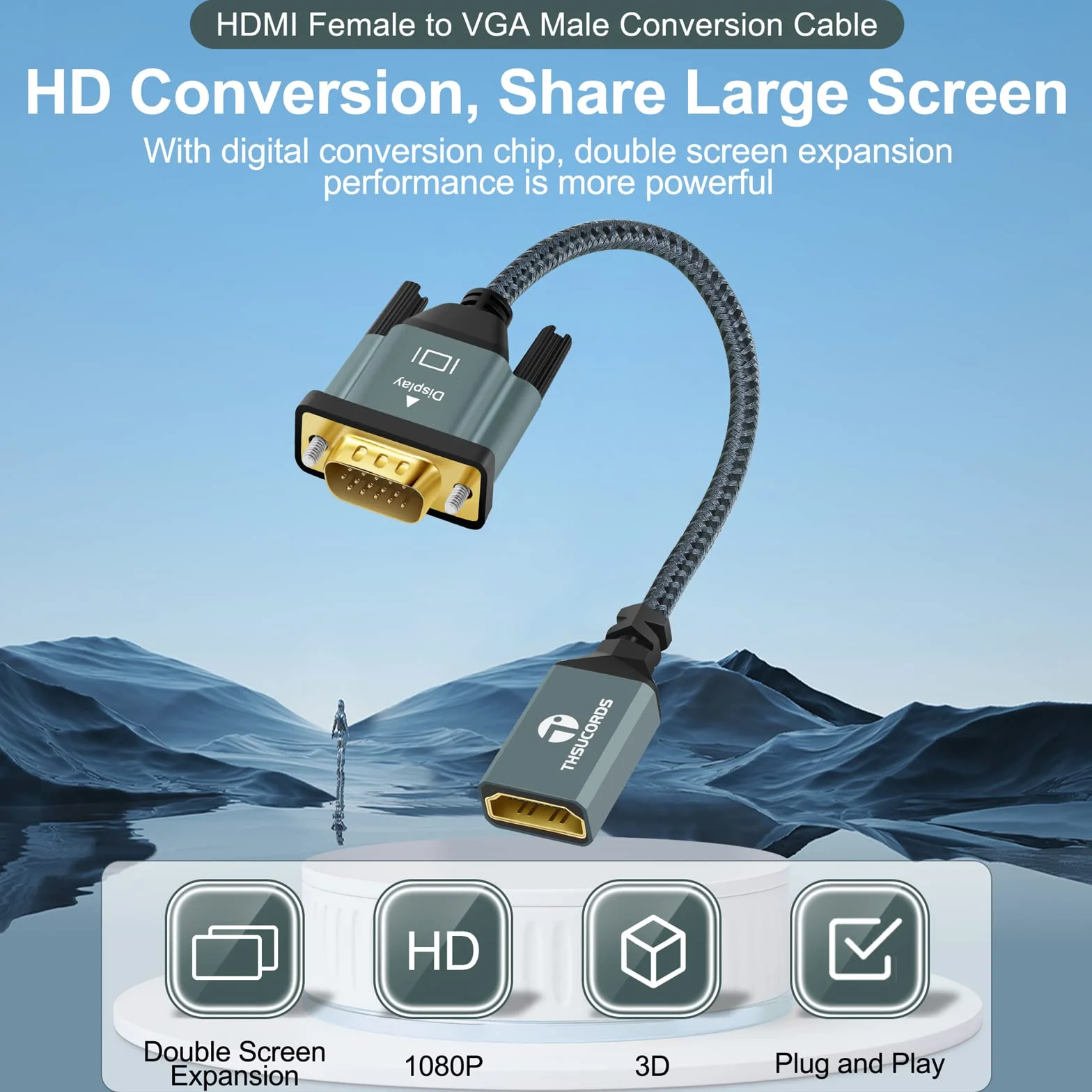 Thsucords Kabel adaptera HDMI na VGA 1M, nylonowy pleciony HDMI żeński na VGA męski przedłużacz wsparcie komputera stacjonarnego laptopa monitora HDTV projektor