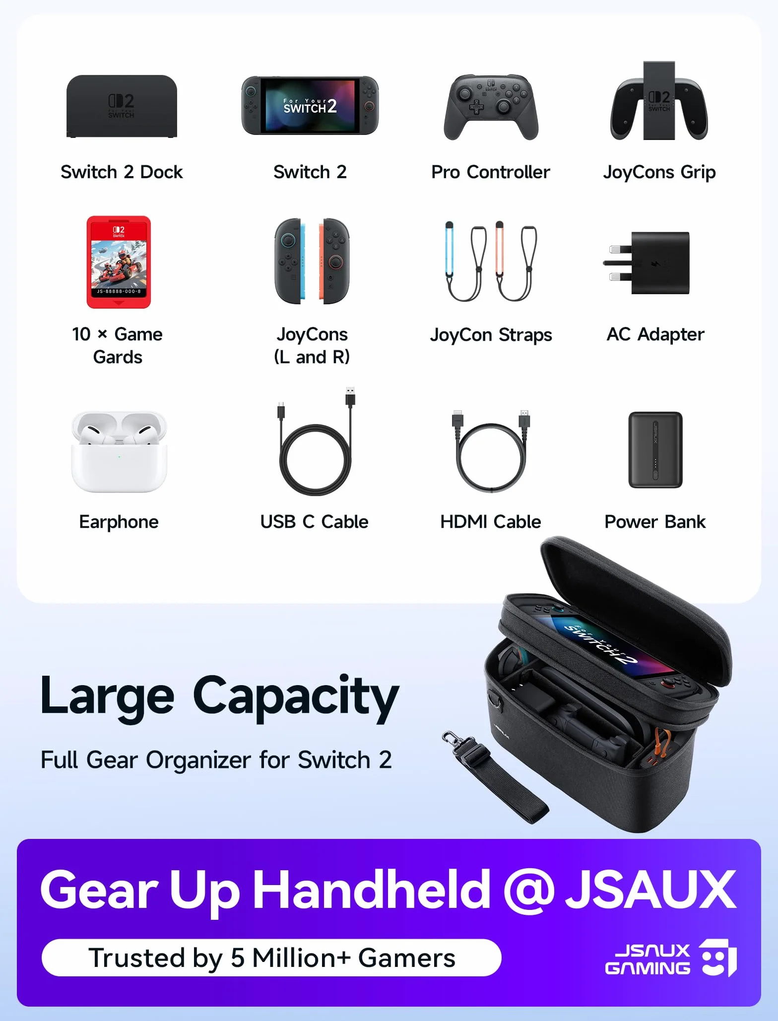 JSAUX Etui All-in-One kompatybilny z Nintendo Switch 2, przenośne etui na konsolę, stację dokującą, kontrolery i akcesoria, powłoka ochronna Kompatybilne, duża pojemność – czarne