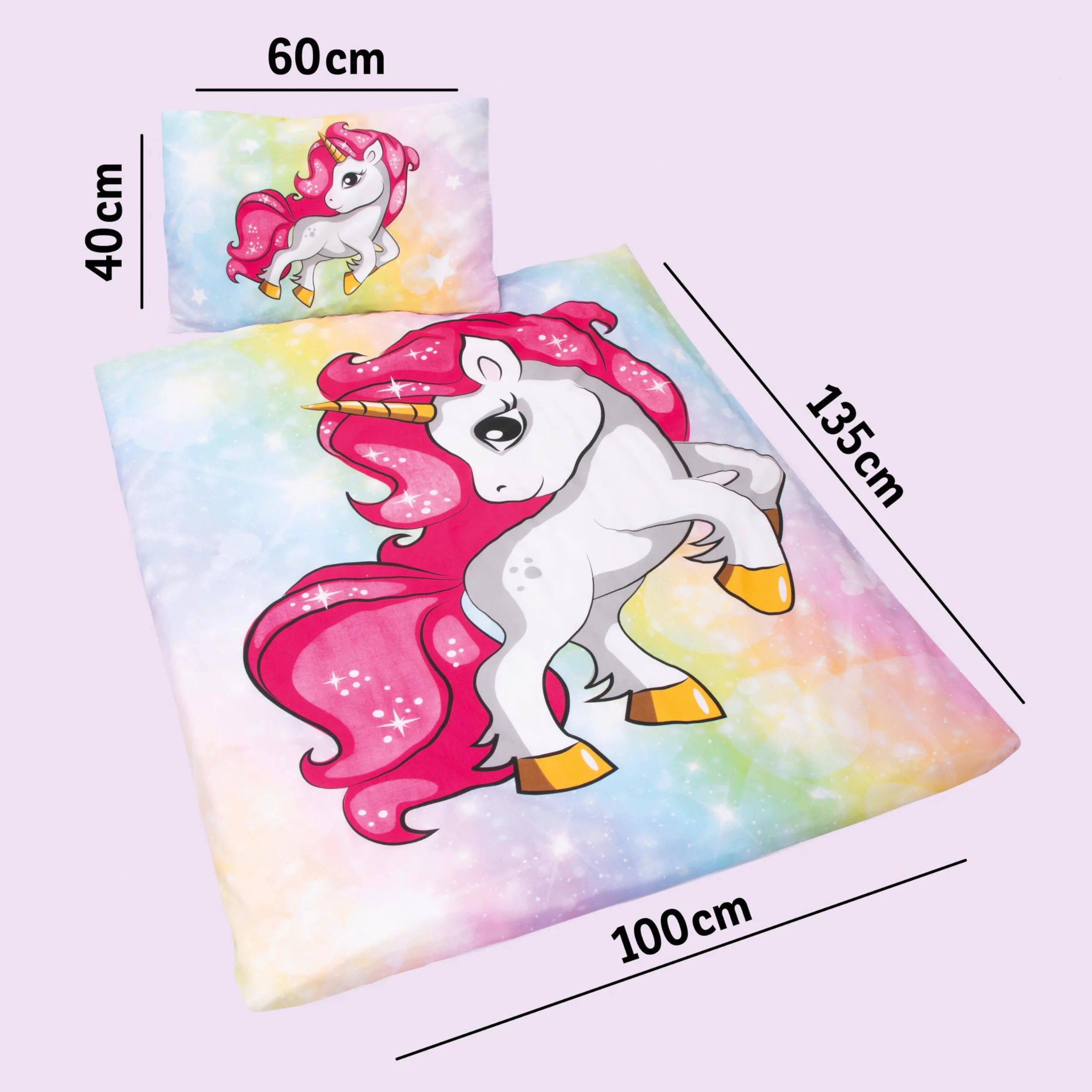 Pościel dla dzieci z jednorożcem, zestaw: prześcieradło 100 x 135 cm, poduszka 40 x 60 cm, 100% bawełna, pościel z jednorożcem dla dziewczynek