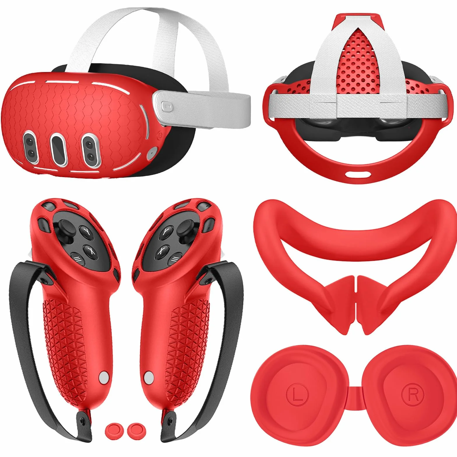 6 szt. Zestaw etui ochronnych Osłona powłoki Osłona uchwytu kontrolera Osłona twarzy Osłona obiektywu Osłony joysticka dla Oculus/Meta Quest 3 (czerwone)