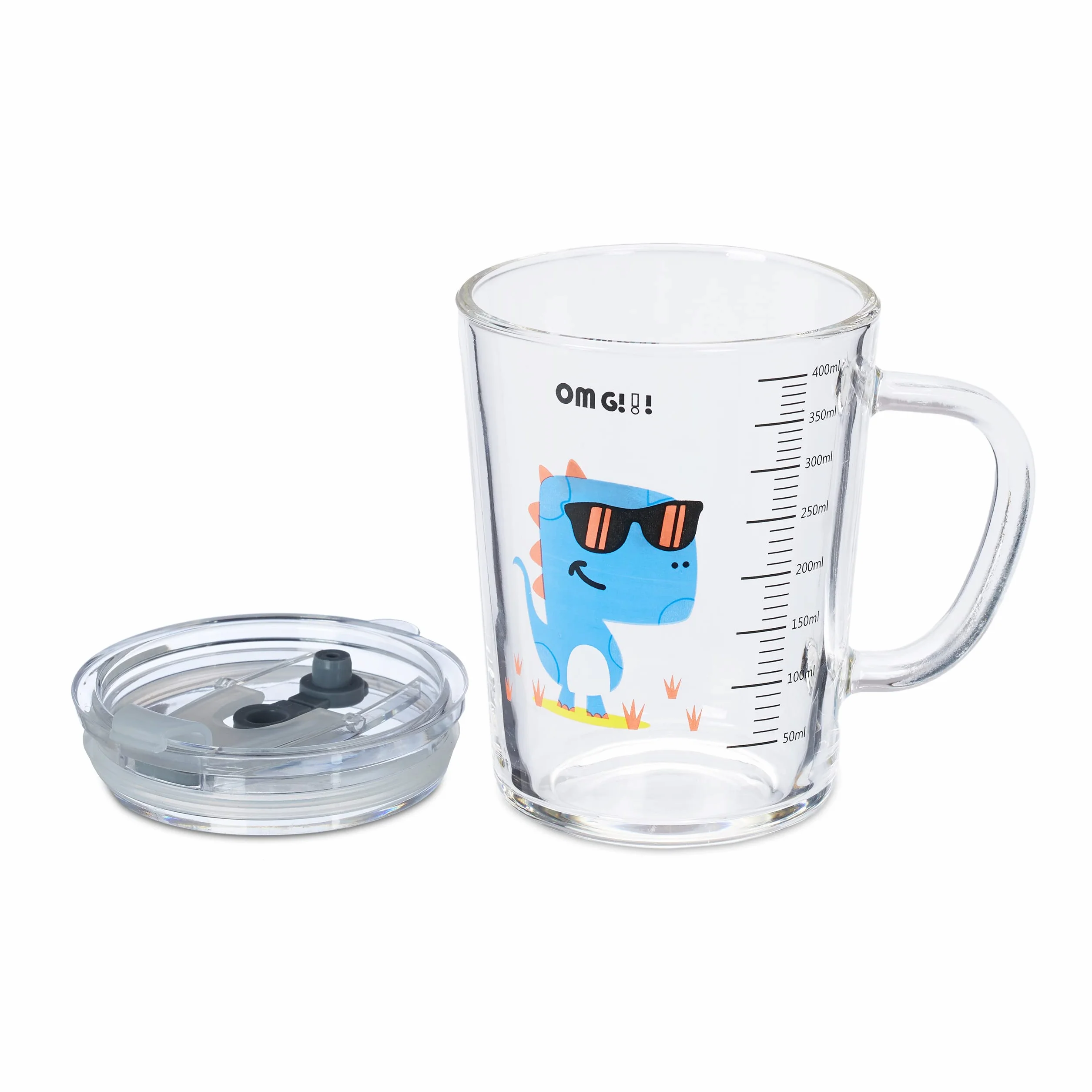 Relaxdays Zestaw 2 szklanek dla dzieci, motyw dinozaura, szklanka do picia dla dzieci, z uchwytem, pokrywką i słomką, skala 400 ml, przezroczyste
