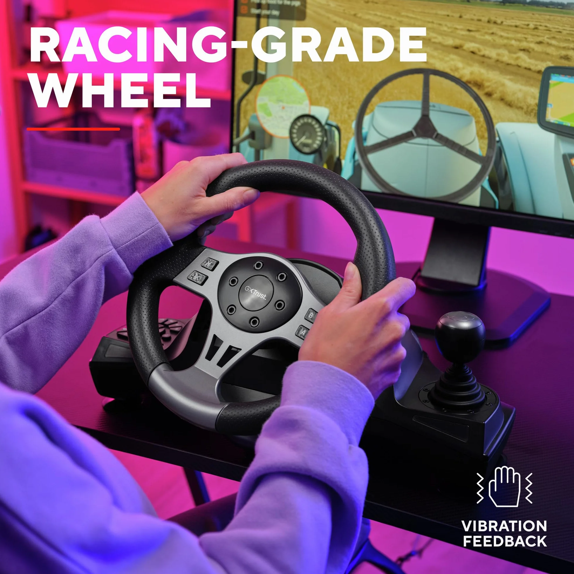 Trust Gaming GXTrust 289 Kierownica Gamingowa do PC Xbox Series X/S PS4 Nintendo Switch, Kierownica Wyścigowa z Pedałami Antypoślizgowymi, Dźwignią Zmiany Biegów i Manetkami, Farming Simulator / F1