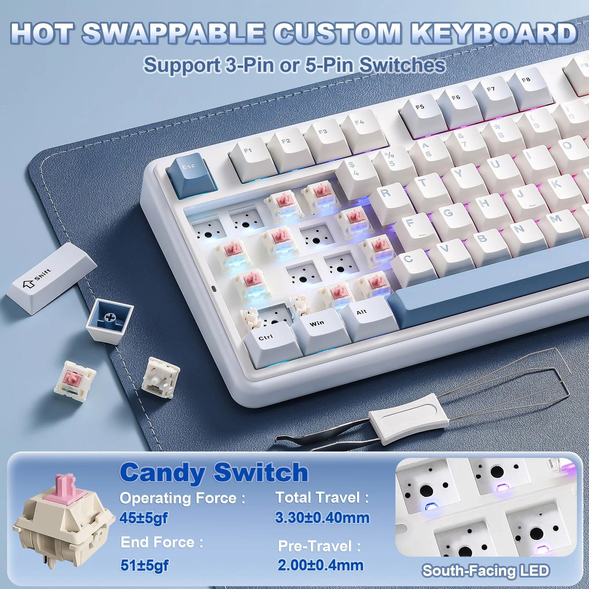 YUNZII B98 PRO QMK/VIA Bezprzewodowa Klawiatura Mechaniczna do Gier, 96% Układ z Klawiaturą Numeryczną i Uroczą Kocią Gałką, BT/2.4G/USB-C (Niebieski, Candy Linear Switch)
