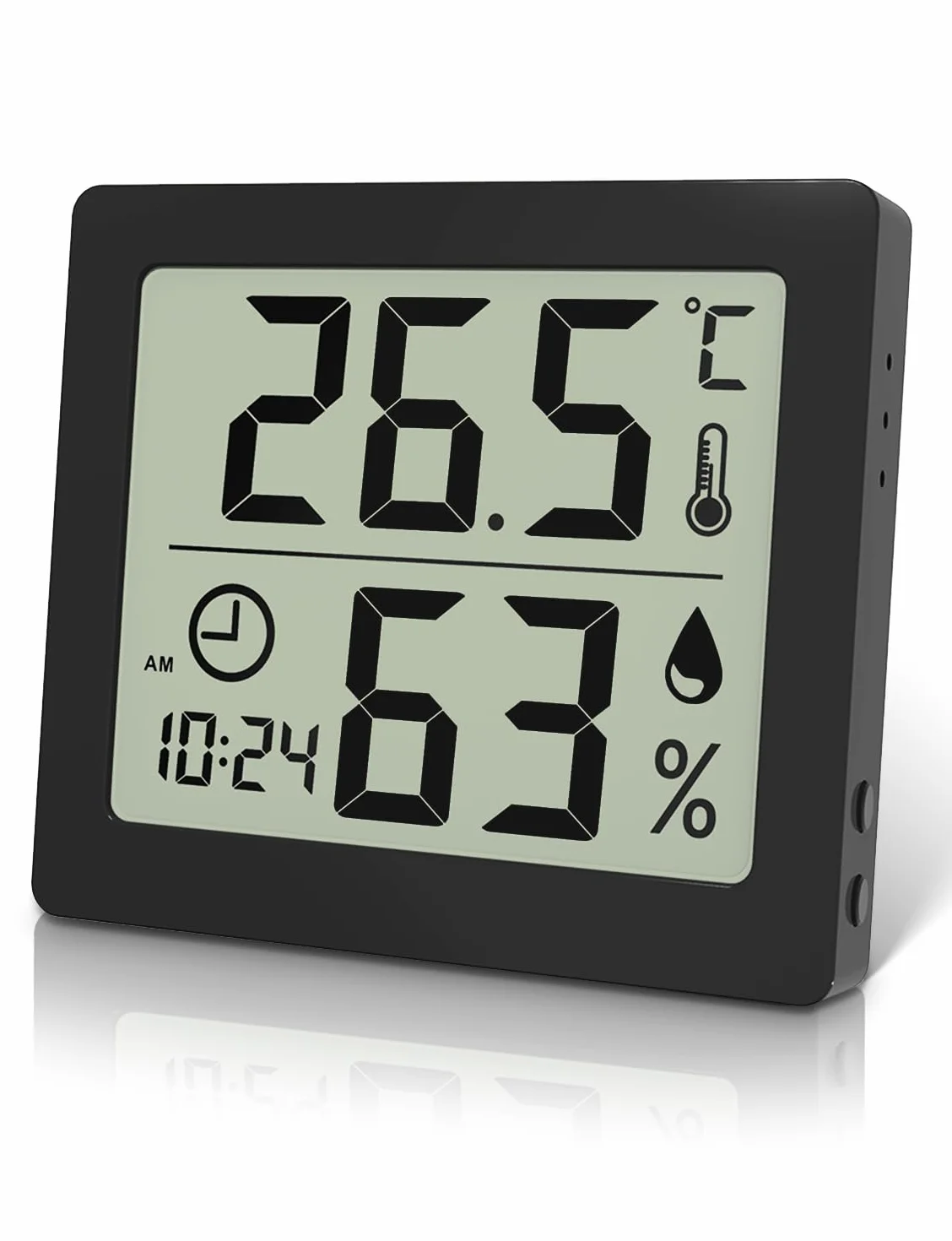 Termometr pokojowy z higrometrem wewnętrznym, higrometr, duży wyświetlacz LCD 3,2", termometr biurkowy z zegarem (czarny)