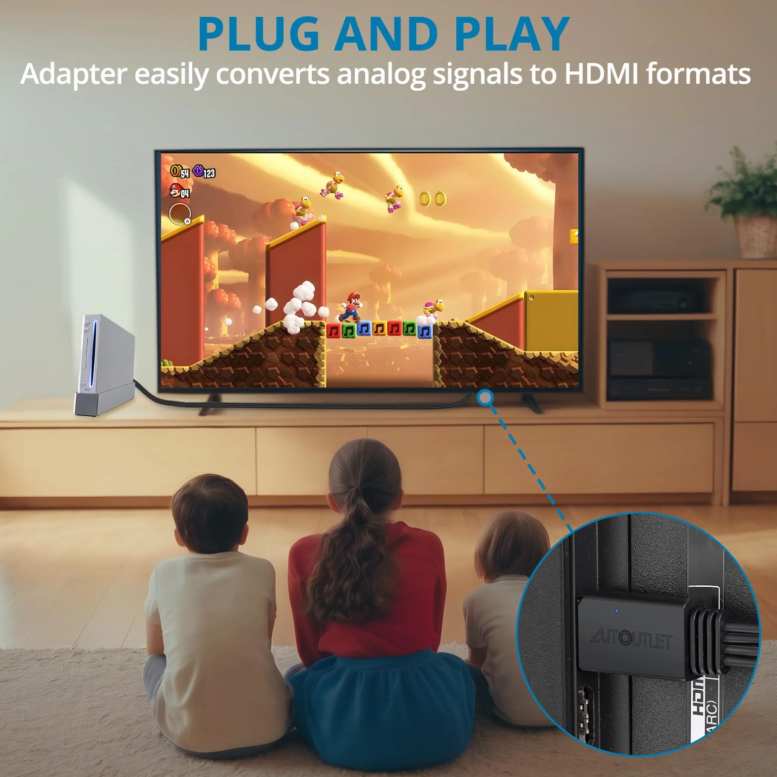AUTOUTLET Adapter Wii do HDMI, 1080P/720P Konwerter Wii na HDMI, długość kabla 150 cm, obsługuje wszystkie tryby wyświetlania Wii, do telewizora HDTV i monitora, czarny