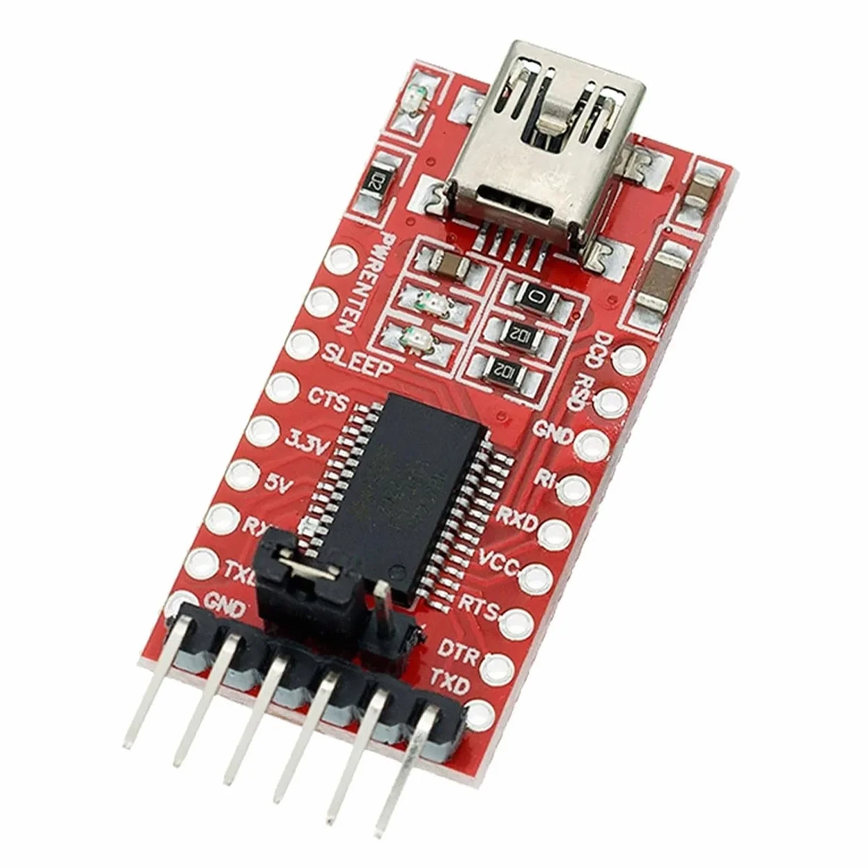 Moduł konwertera USB-UART FT232RL - interfejs RS232 TTL, MiniUSB, 3,3 V/5 V, LED, kompatybilny z WinXP-10 | adapter szeregowy | zintegrowana elektronika