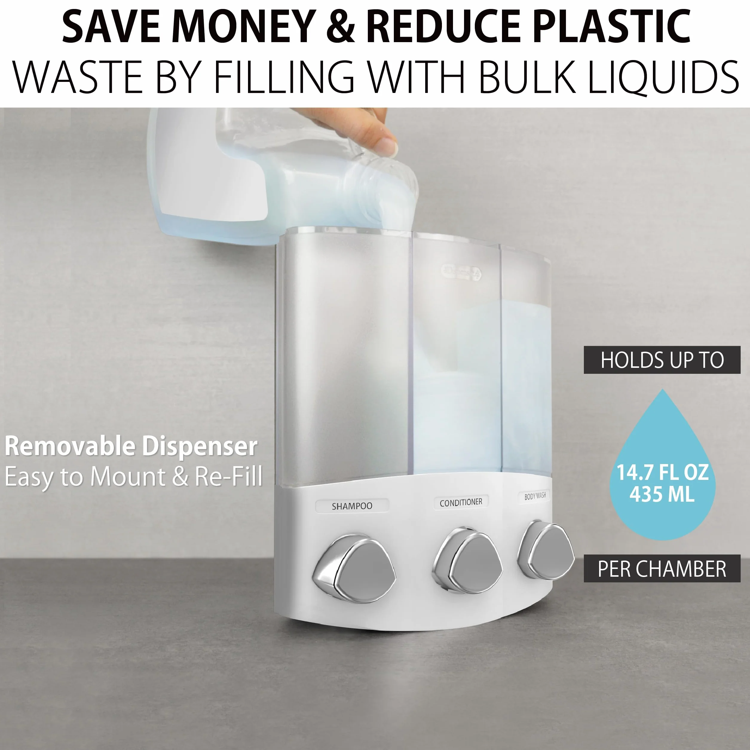 Better Living Products 76354 Seria Euro, Trio 3-komorowy dozownik do mydła i pod prysznic, biały