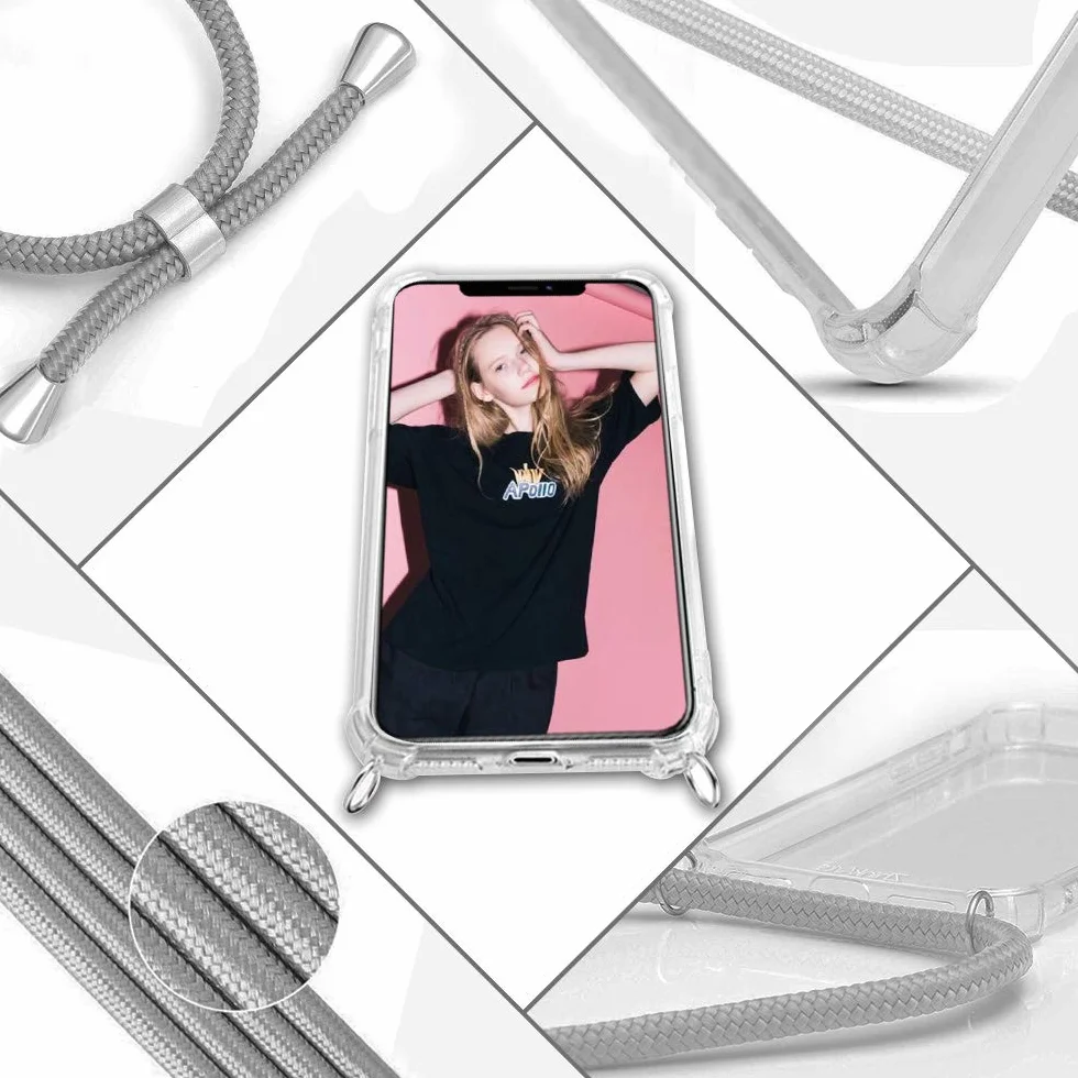 XTCASE Naszyjnik do iPhone 13, etui ze sznurkiem - łańcuszek na szyję - przezroczysty silikonowy pokrowiec z liną sznurkową, szary