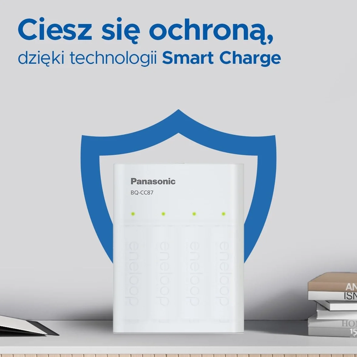 Ładowarka Panasonic eneloop SmartPlus USB Travel do 1–4 akumulatorów AA/AAA Ni-MH z wyjściem USB i 10 funkcjami bezpieczeństwa, w zestawie z 4 akumulatorami eneloop AA/Mignon, min. 2000 mAh