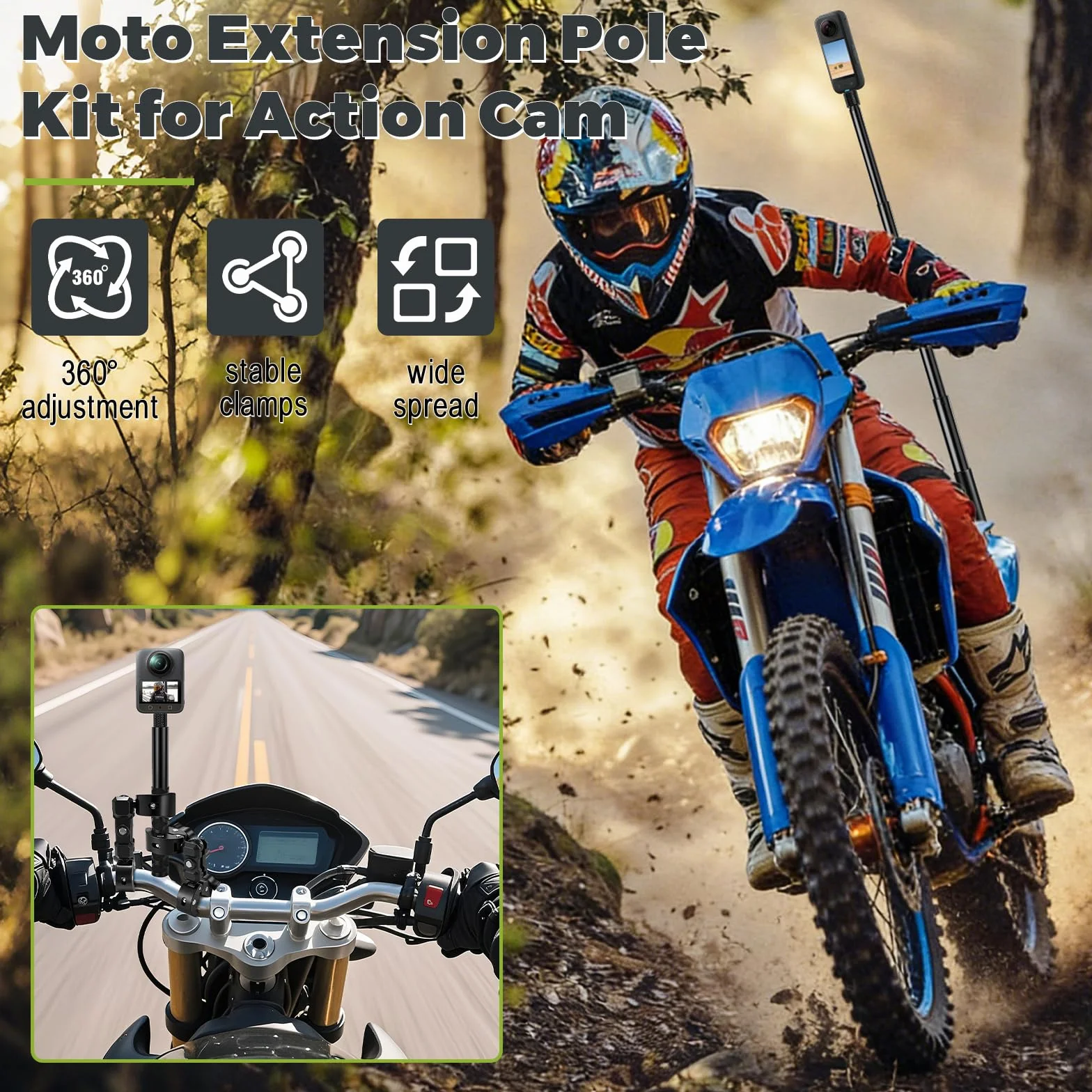 Uchwyt motocyklowy do Insta360 X5 X4, zestaw montażowy na kierownicę rowerową, 120 cm, niewidoczny kijek do selfie, podwójny zacisk, akcesoria do aparatu Insta 360 X5 X4 X3 ONE X2 GoPro Hero 13 12 DJI