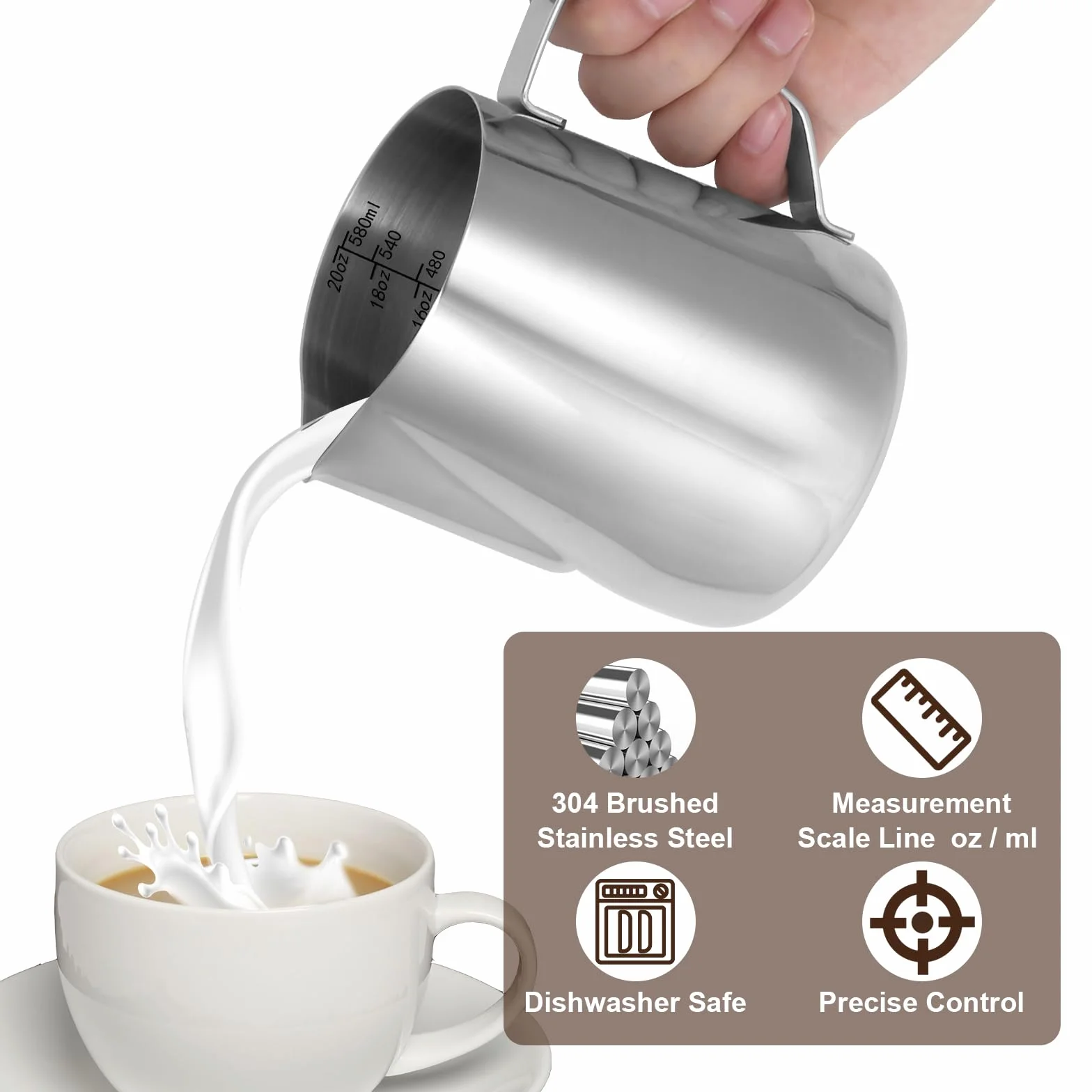 Dzbanek do spieniania mleka do ekspresu do kawy, 600 ml, dzbanek na mleko ze stali nierdzewnej 304, z dekoracyjnym długopisem artystycznym, metalowe akcesoria baristy, do cappuccino, latte i espresso