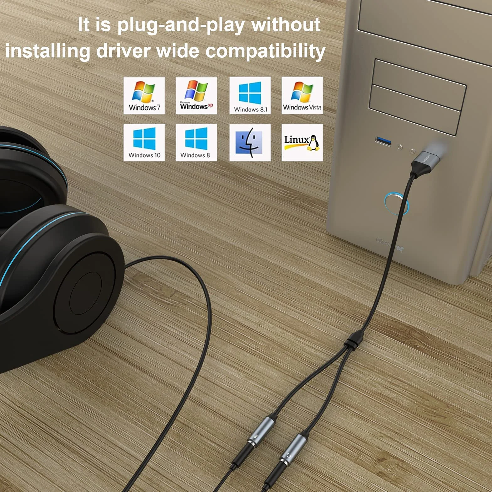 ANDAPA Adapter zestawu słuchawkowego USB, adapter audio USB, stereo, zewnętrzna karta dźwiękowa z gniazdem słuchawkowym 3,5 mm i mikrofonem do systemu Windows, Mac, Linux, laptopów, komputerów