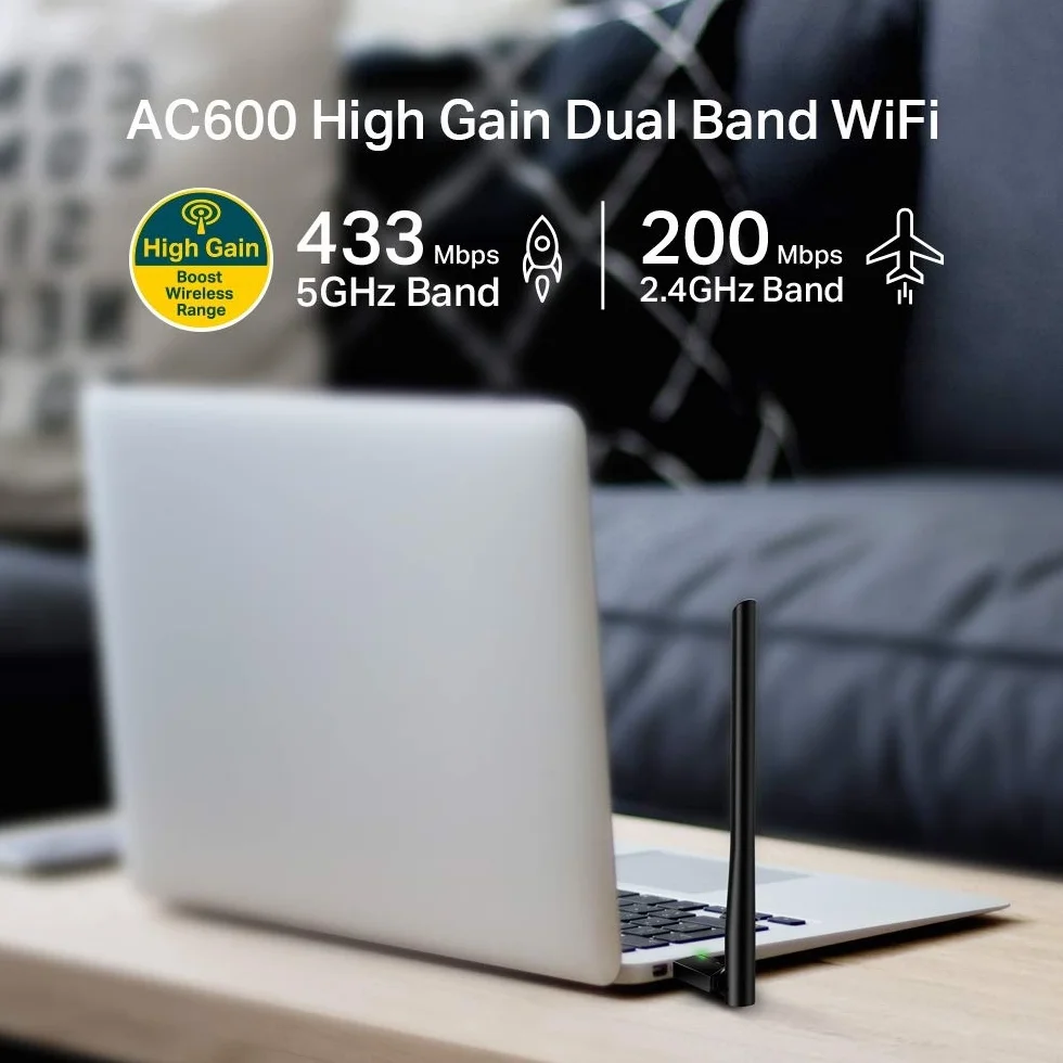 TP-Link Archer T2U Plus – Adapter WiFi USB, Podwójne Pasmo AC600, 2,4 GHz 150 Mb/s + 5 GHz 433 Mb/s, Szyfrowanie WPA3, kompatybilny z Windows 10/8.1/8/7/XP i Mac OS X)